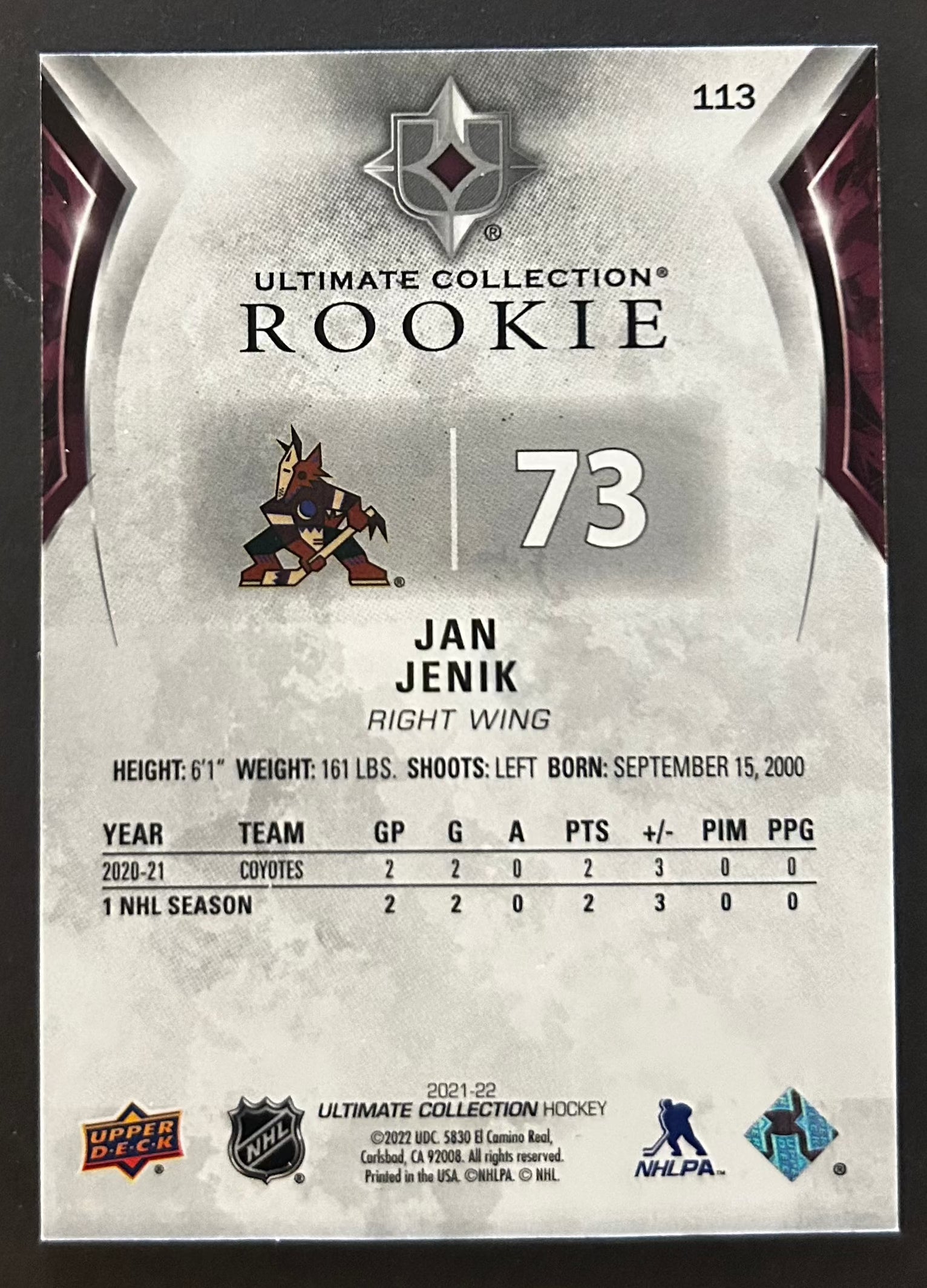 Jan Jenik Ultimate Collection Rookie /299 - 2021/22 Ultimate Collection