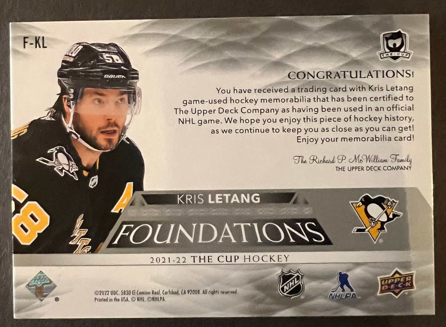 Kris Letang Foundations Quad Jersey /49 - 2021/22 The Cup