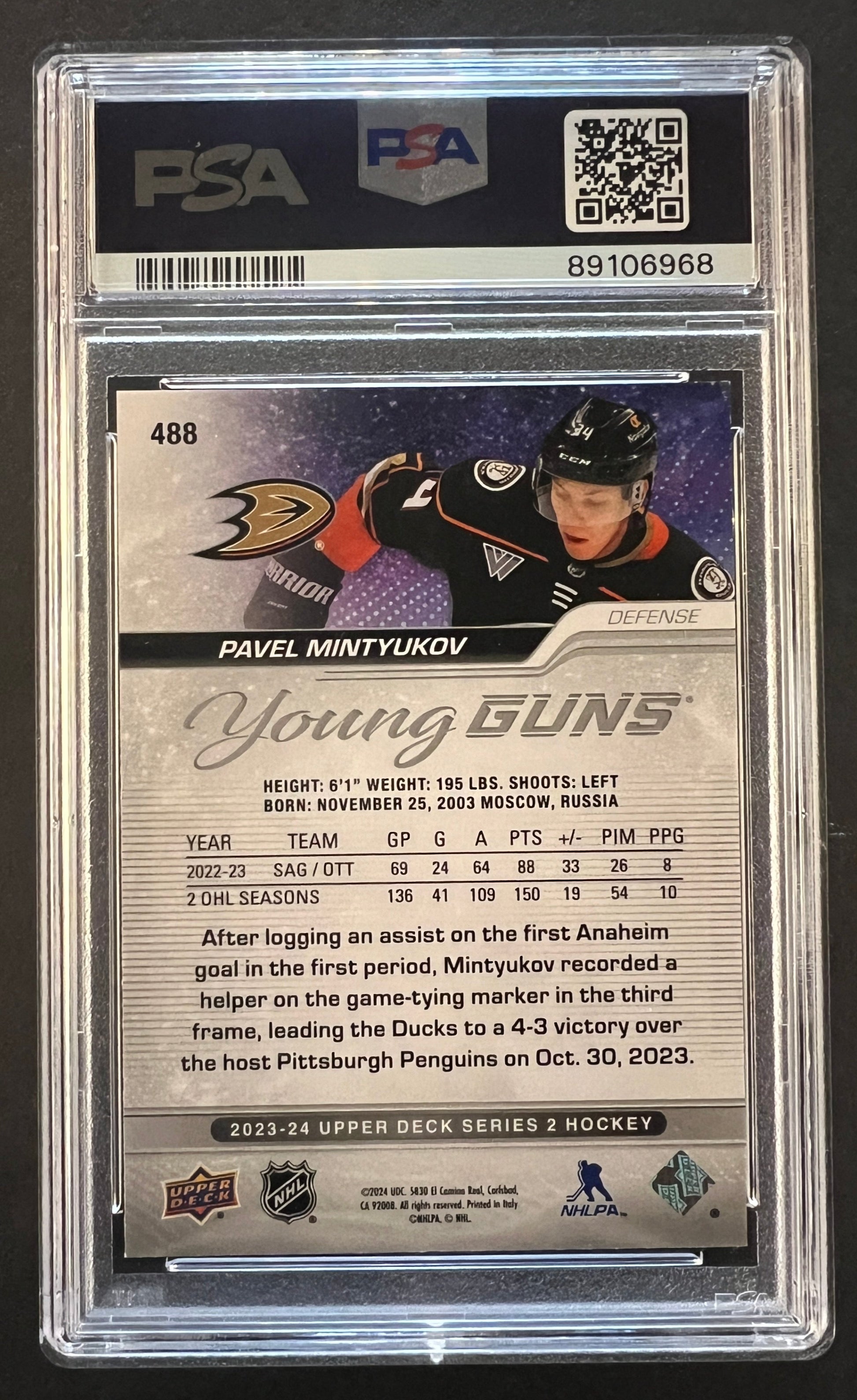 Pavel Mintyukov Young Guns Rookie #488 - PSA 9 - 2023/24 Series 2