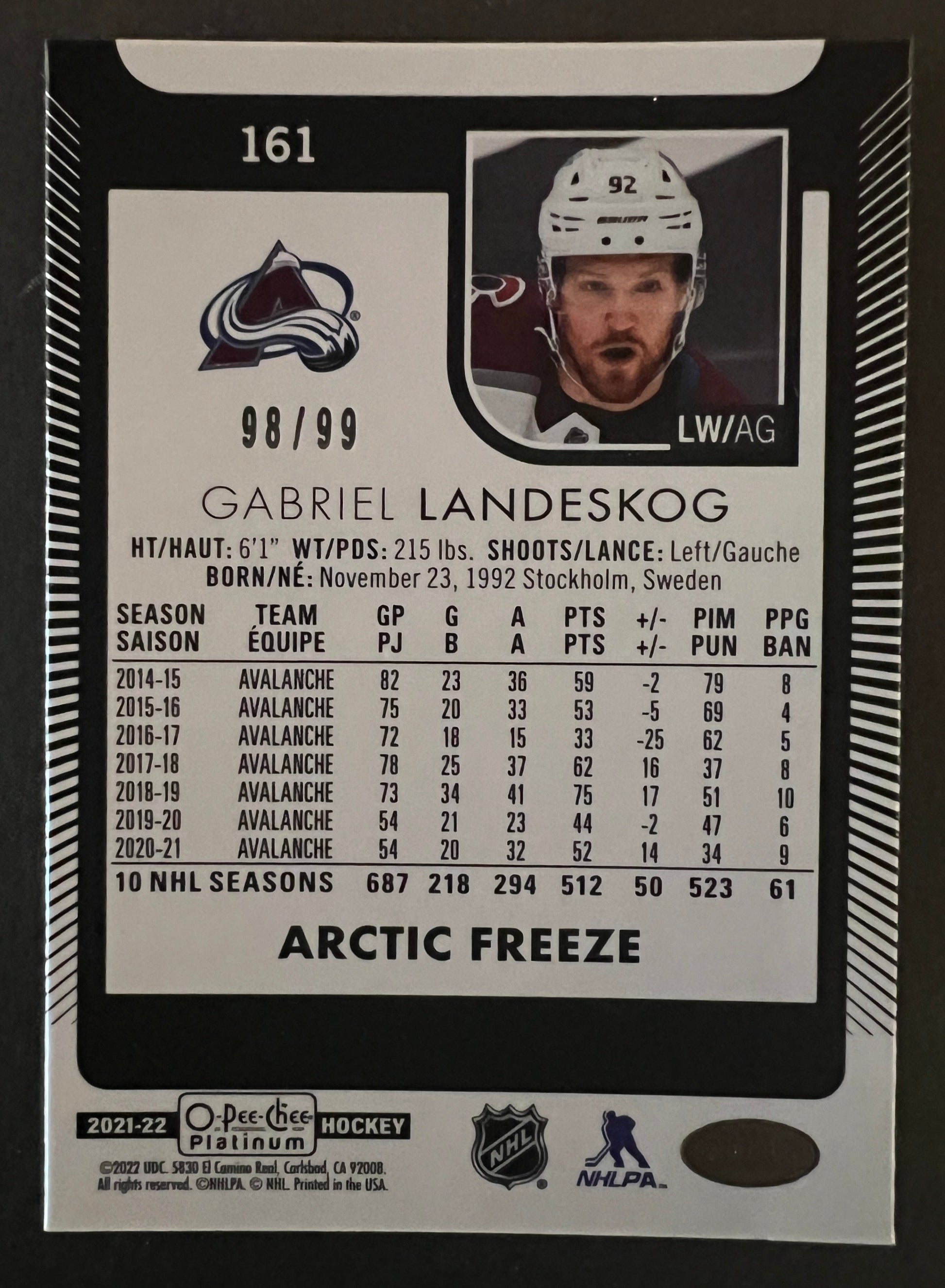 Gabriel Landeskog Arctic Freeze /99 - 2021/22 O-Pee-Chee Platinum