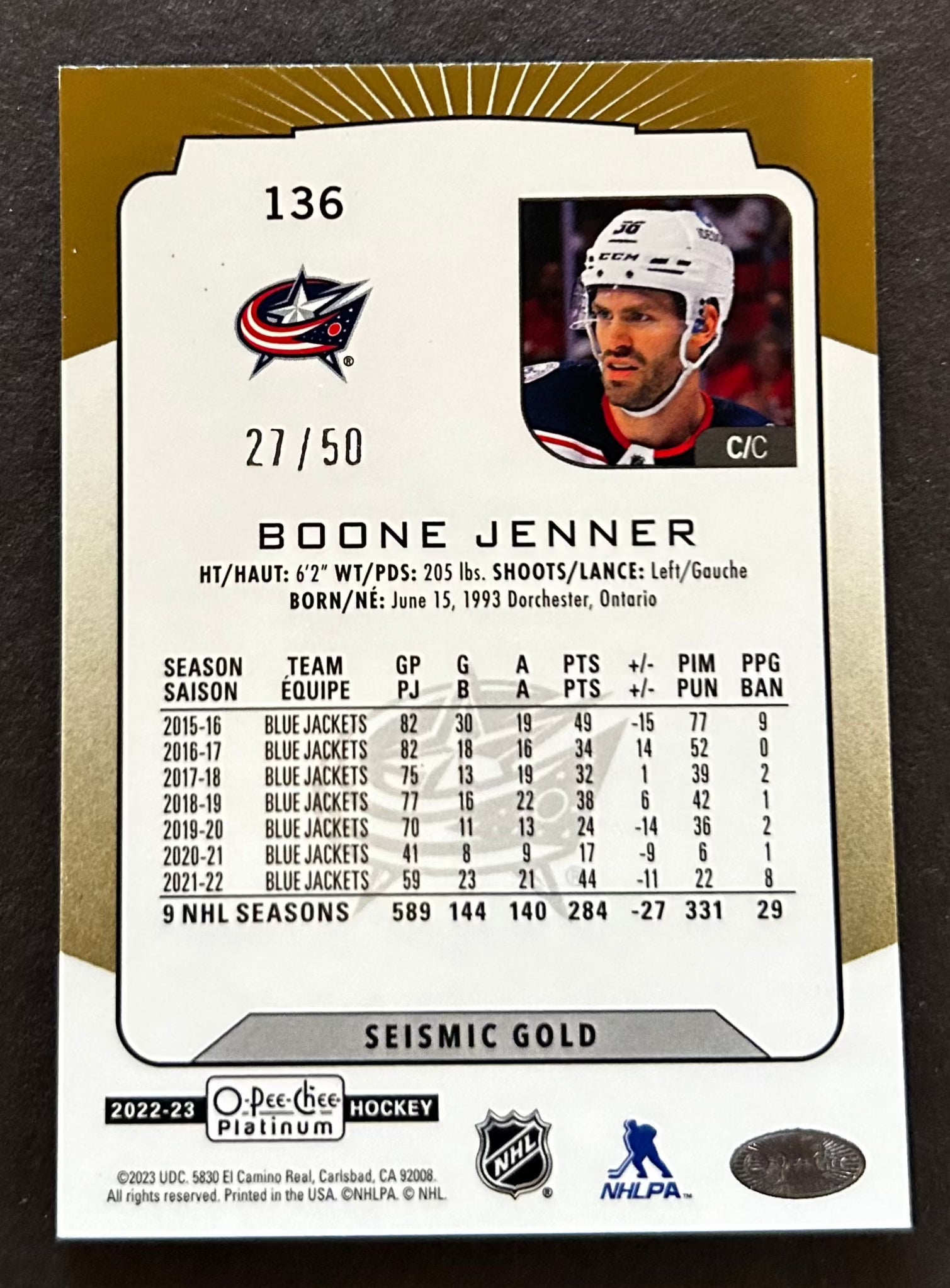 Boone Jenner Seismic Gold /50 - 2022 O-Pee-Chee Platinum