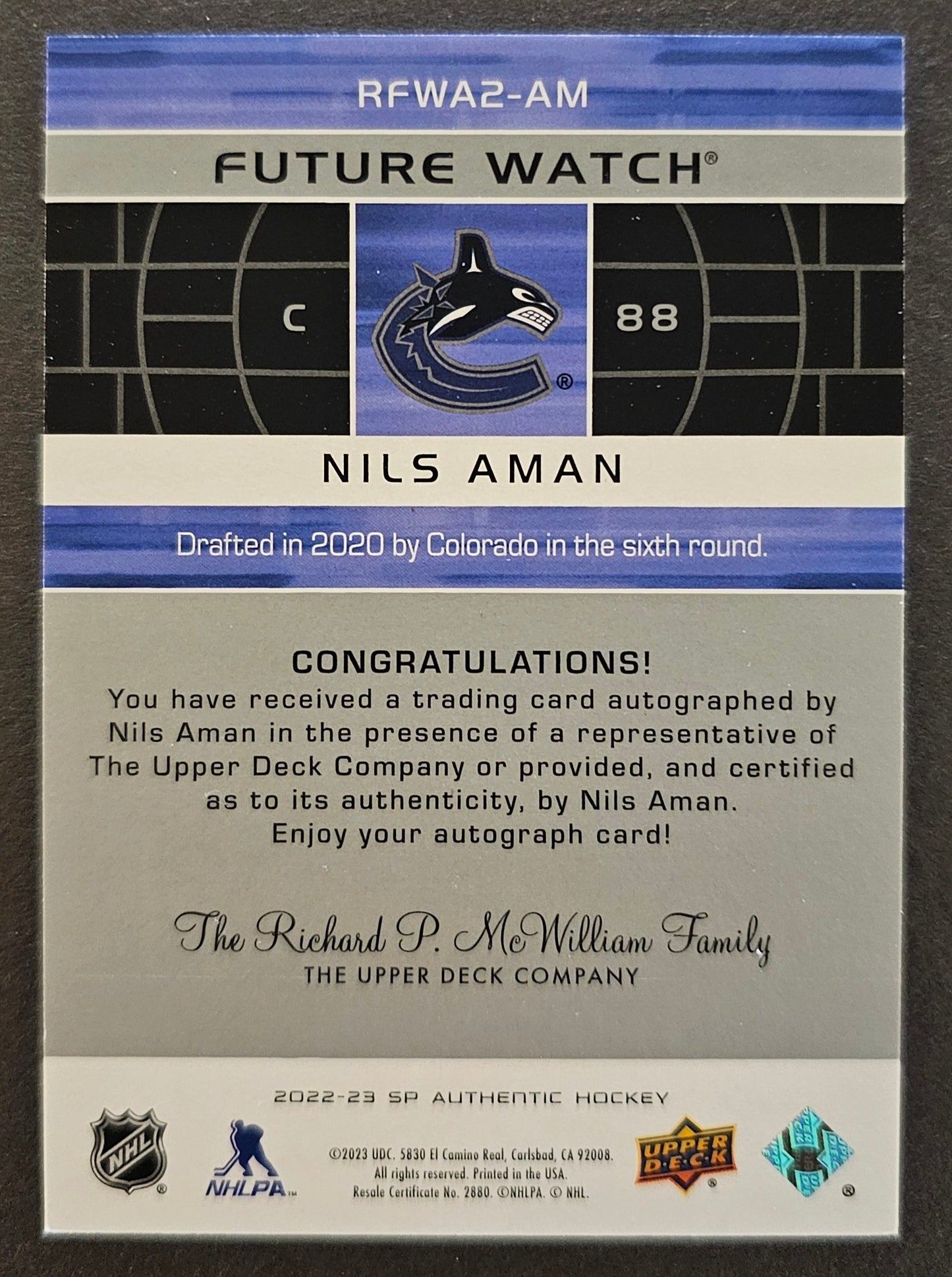 Nils Aman 01-02 Retro Future Watch Auto /399 - 2022/23 SP Authentic