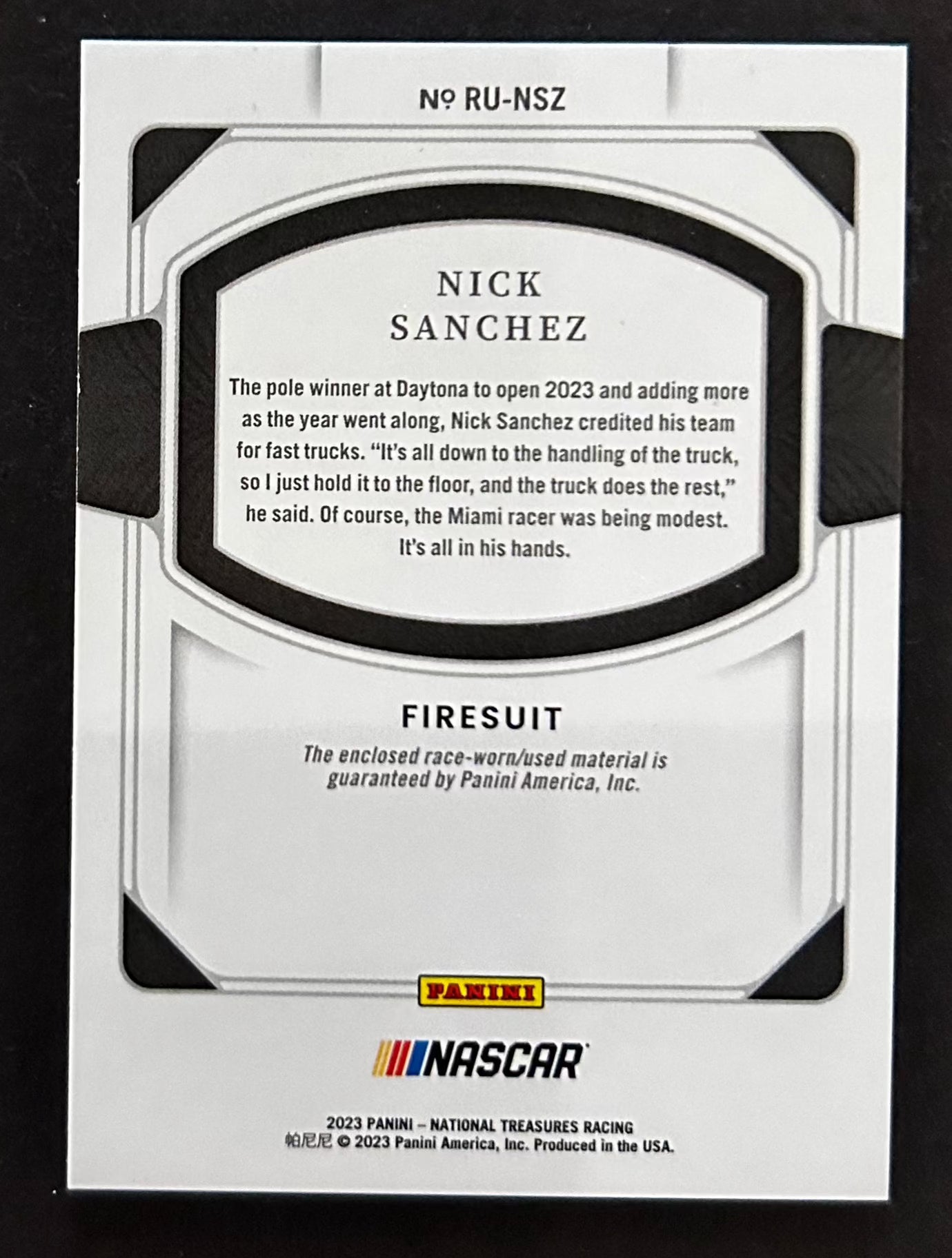 Nick Sanchez Race Used Firesuit /99 - 2023 Panini National Treasures