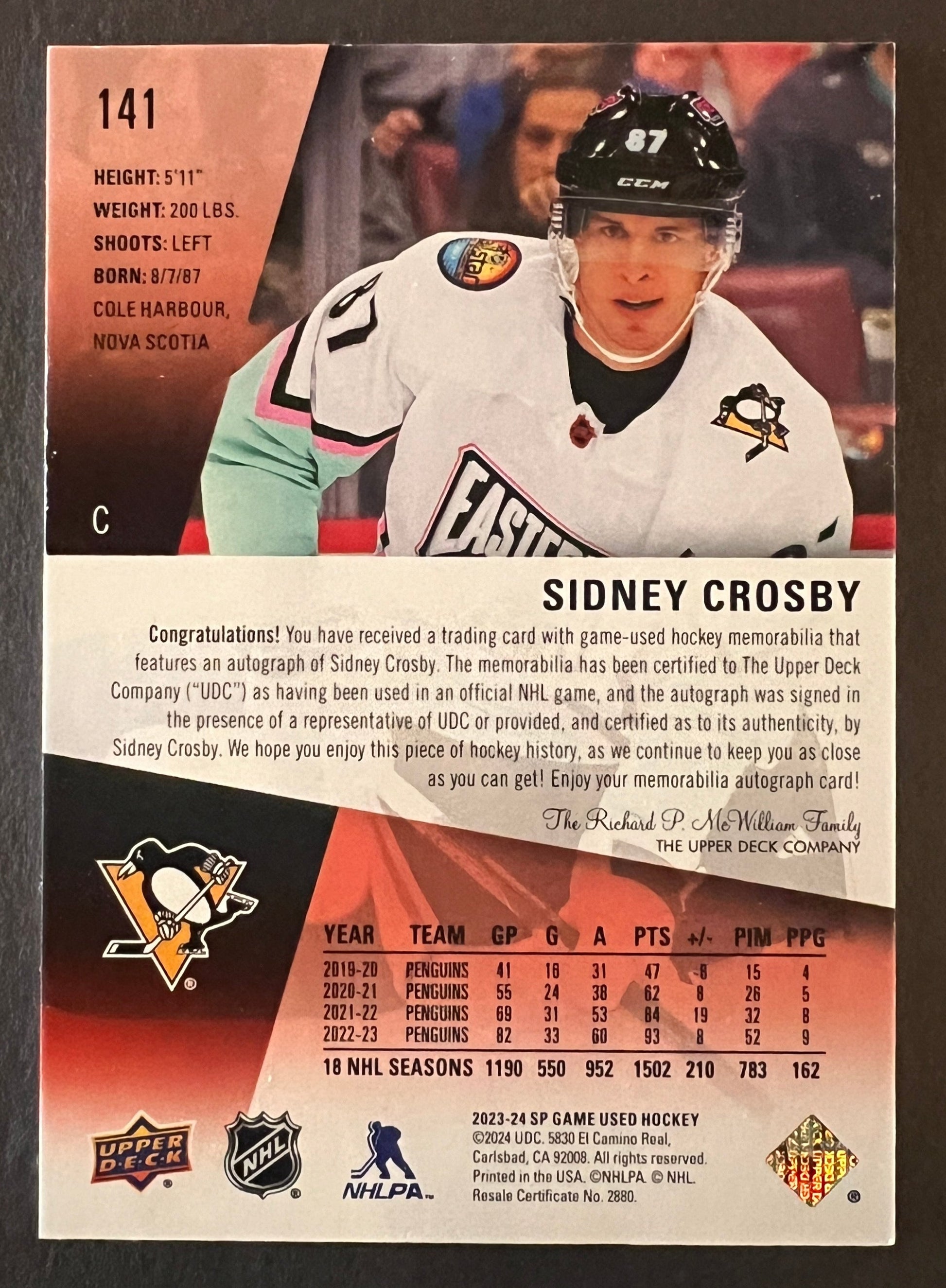 Sidney Crosby All Star Jersey Auto /15 SSP - 2023/24 SP Game Used