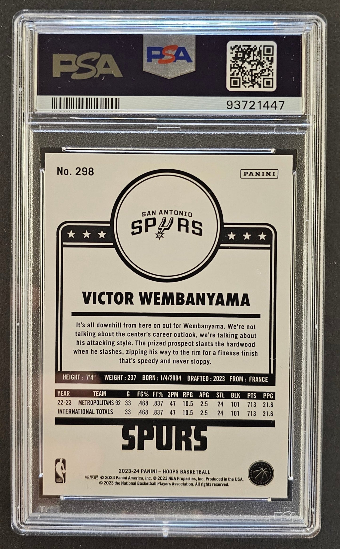 Victor Wembanyana Rookie #298 Yellow - Graded PSA 9 - 2023/24 Panini Hoops