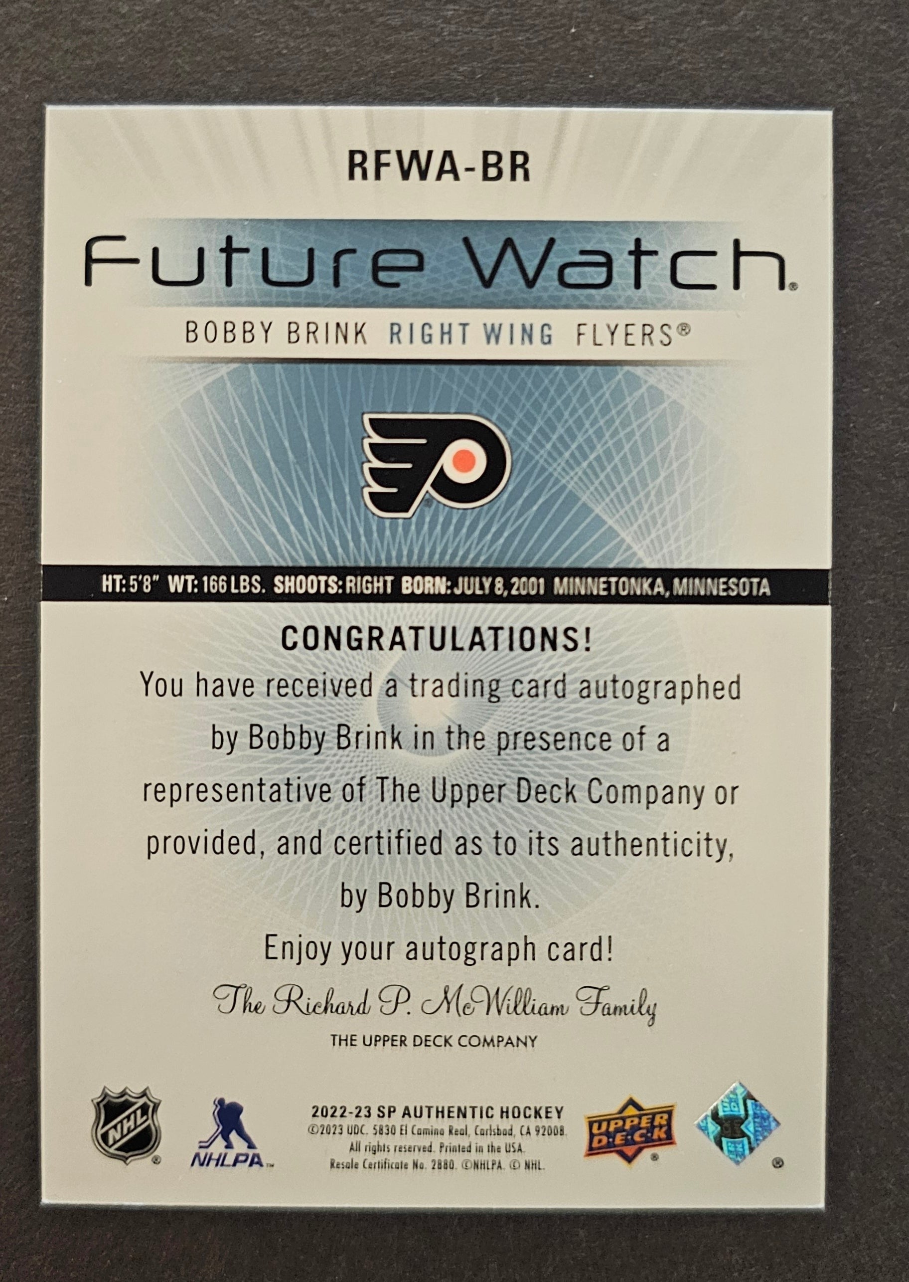 Bobby Brink Retro Future Watch Auto /699 - 2022/23 SP Authentic