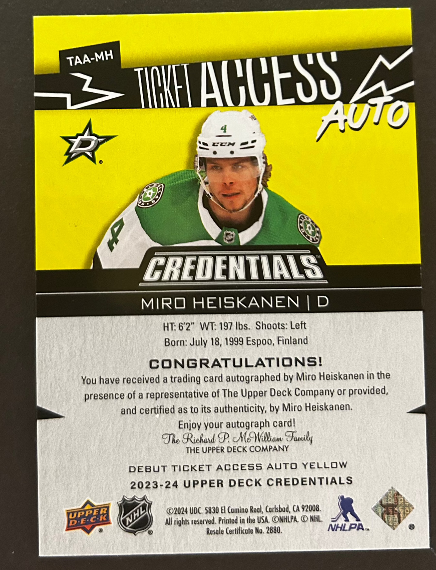 Miro Heiskanen Ticket Access Auto Yellow /25 - 2023/24 Credentials