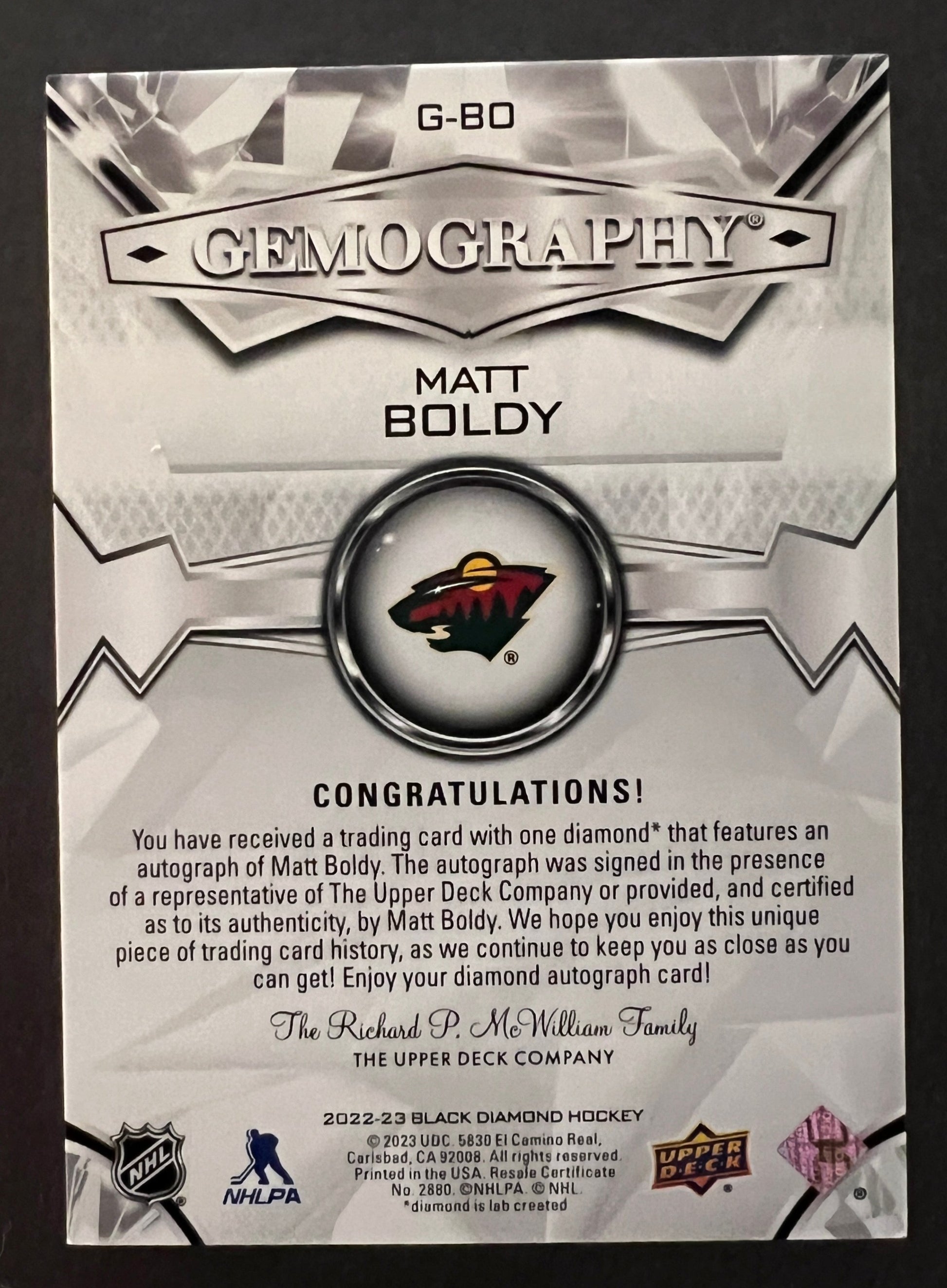 Matt Boldy Rookie Gemography Auto Purple /10 - 2022/23 Black Diamond