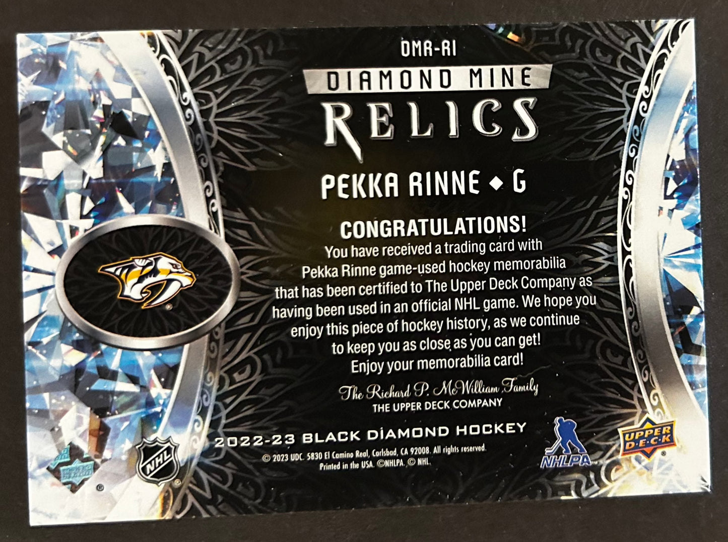 Pekka Rinne Diamond Mine Relics Jersey - 2022/23 Black Diamond