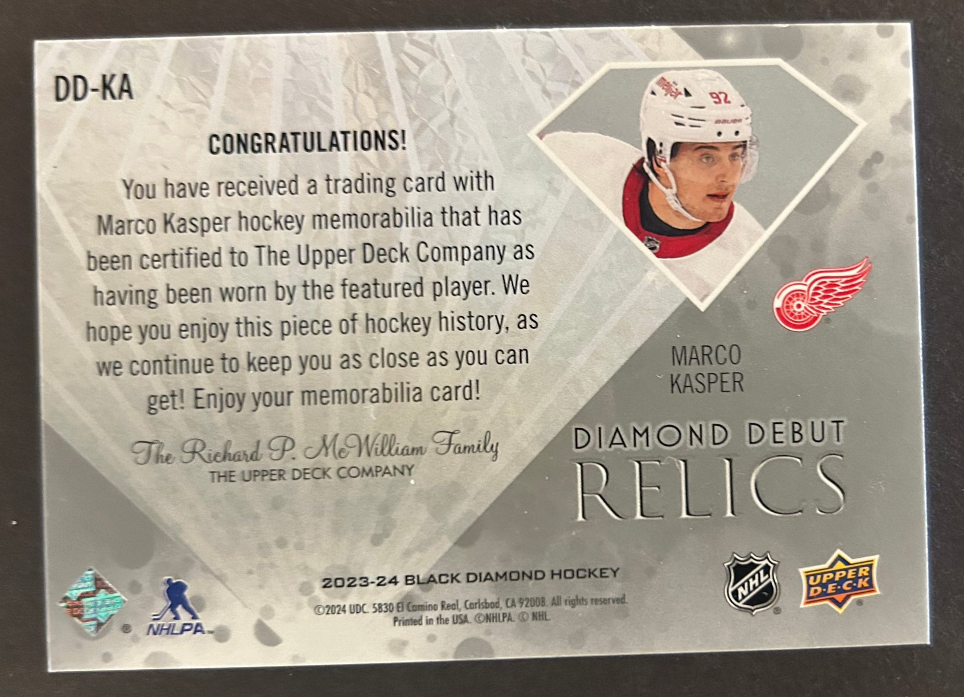 Marco Kasper Diamond Debut Relics Jersey Patch - 2023/24 Black Diamond