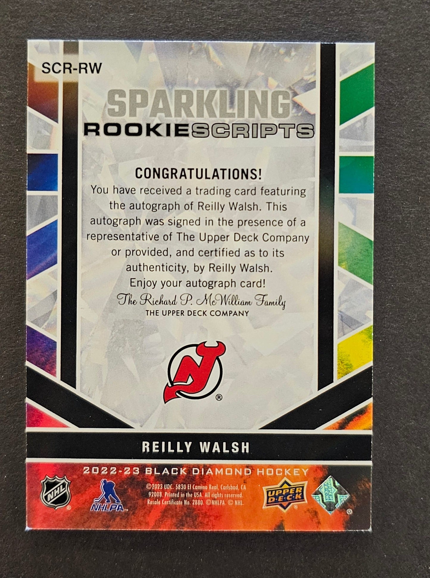 Reilly Walsh Sparkling Rookie Scripts Auto - 2022/23 Black Diamond