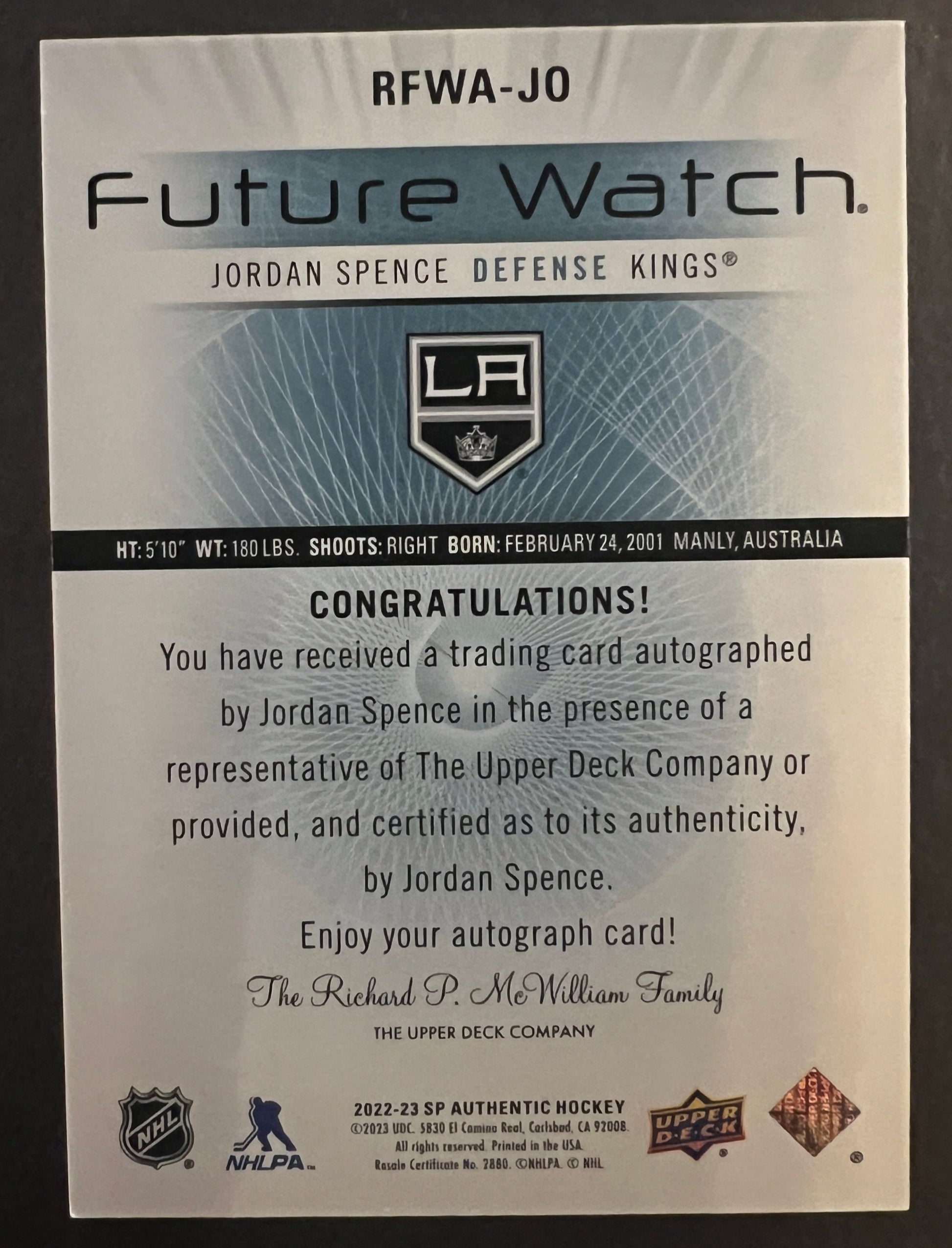 Jordan Spence Retro Future Watch Auto /699 - 2022/23 SP Authentic