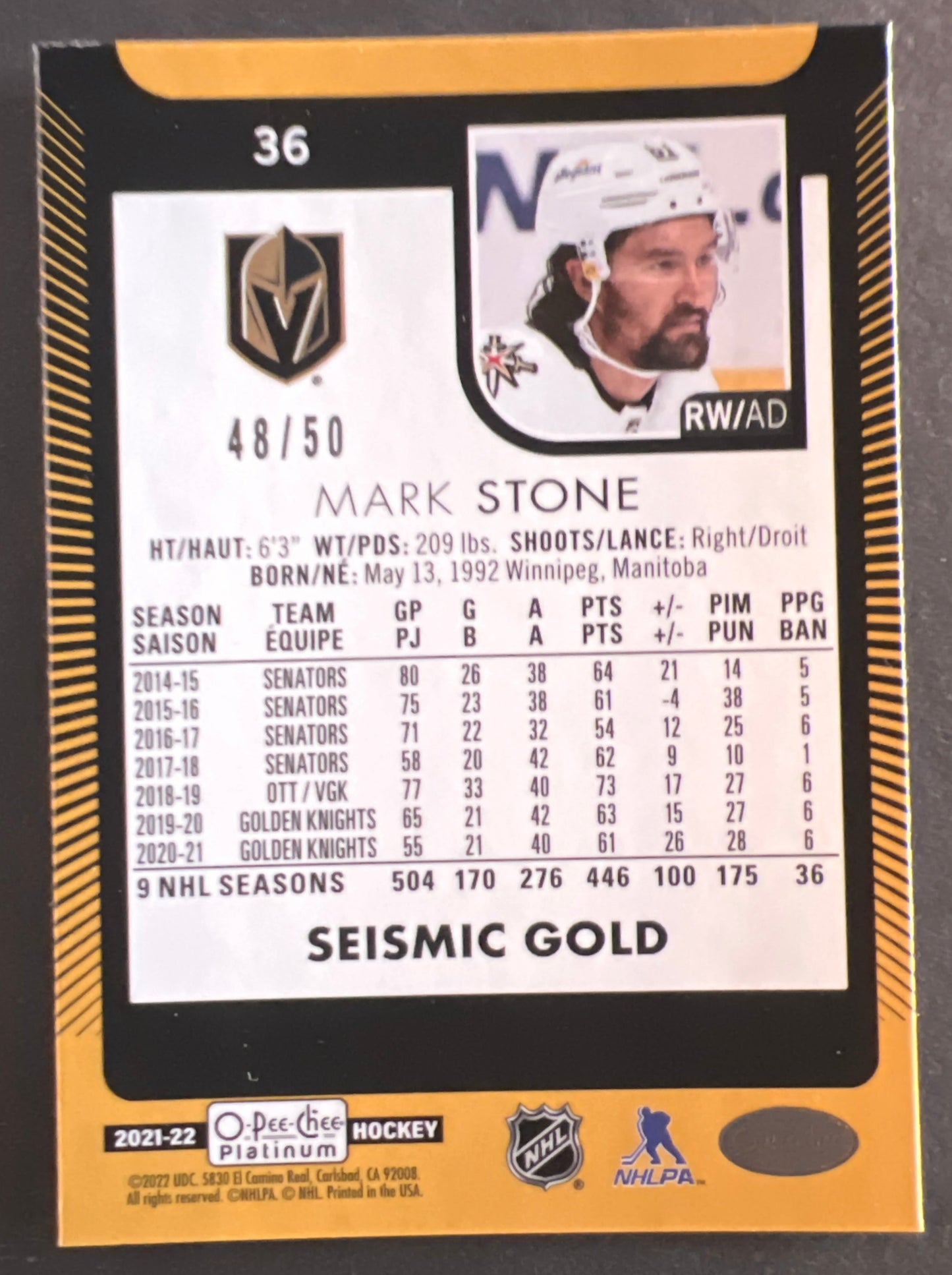 Mark Stone Seismic Gold /50 - 2021/22 O-Pee-Chee Platinum