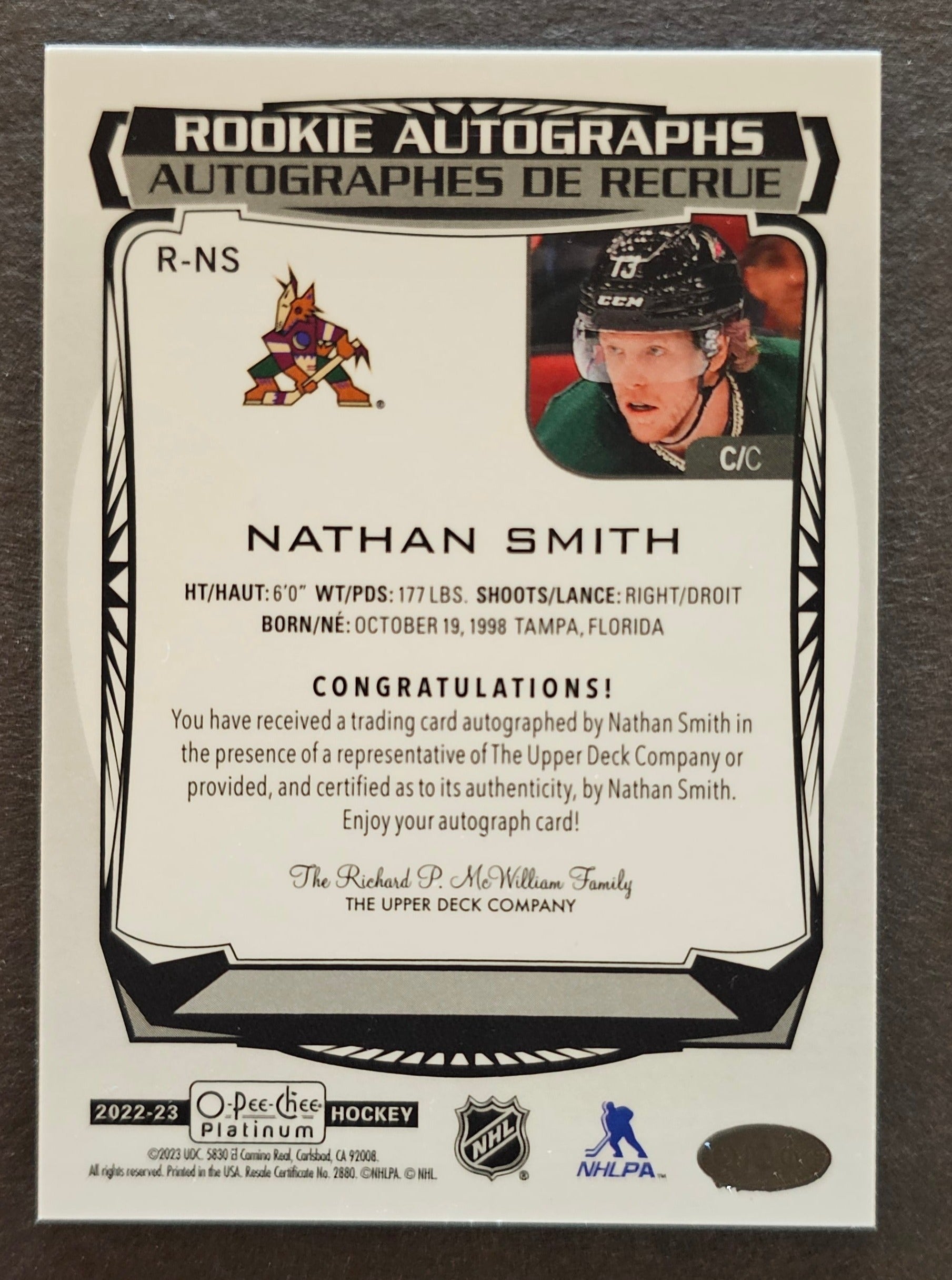 Nathan Smith Rookie Autographs - 2022/23 O-Pee-Chee Platinum