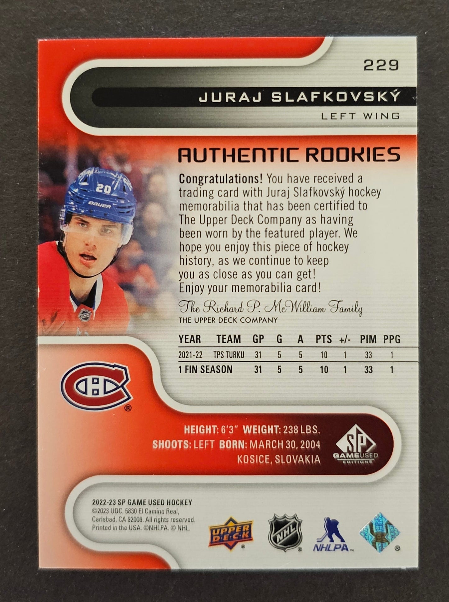 Juraj Slafkovsky Authentic Rookies Jersey - 2022/23 SP Game Used