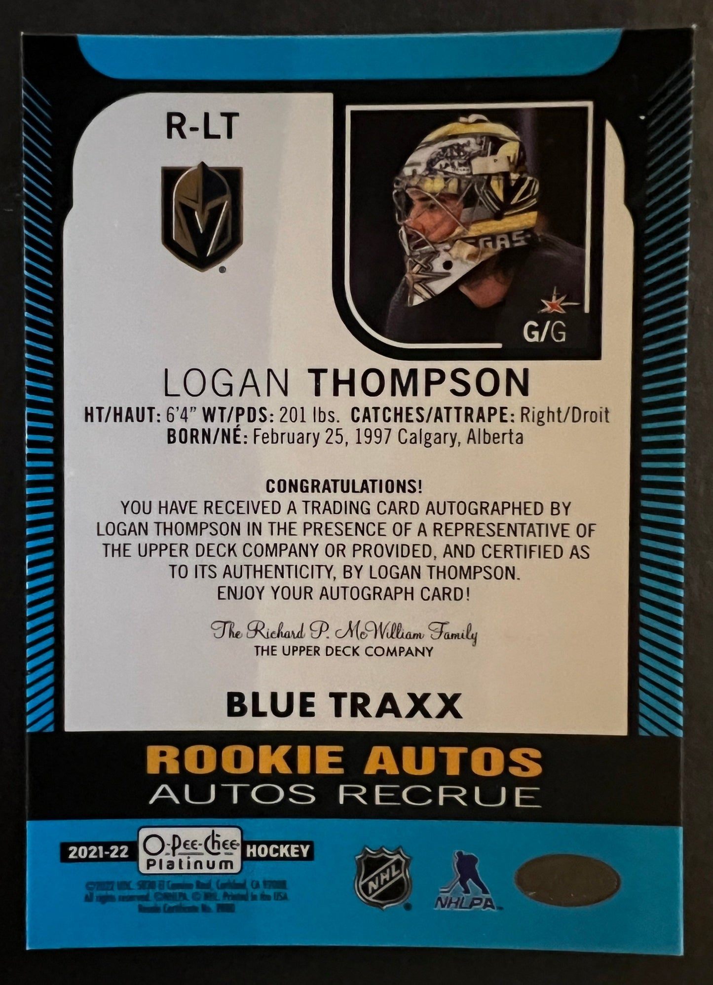 Logan Thompson Rookie Auto Blue Traxx - 2021/22 O-Pee-Chee Platinum