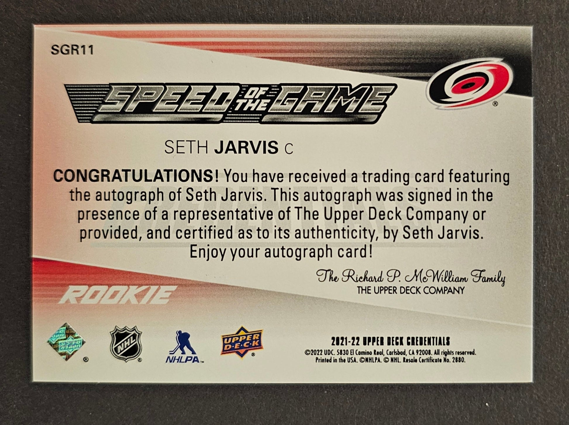 Seth Jarvis Speed Of The Game Rookie Auto Gold Spectrum /10 - 2021/22 Credentials