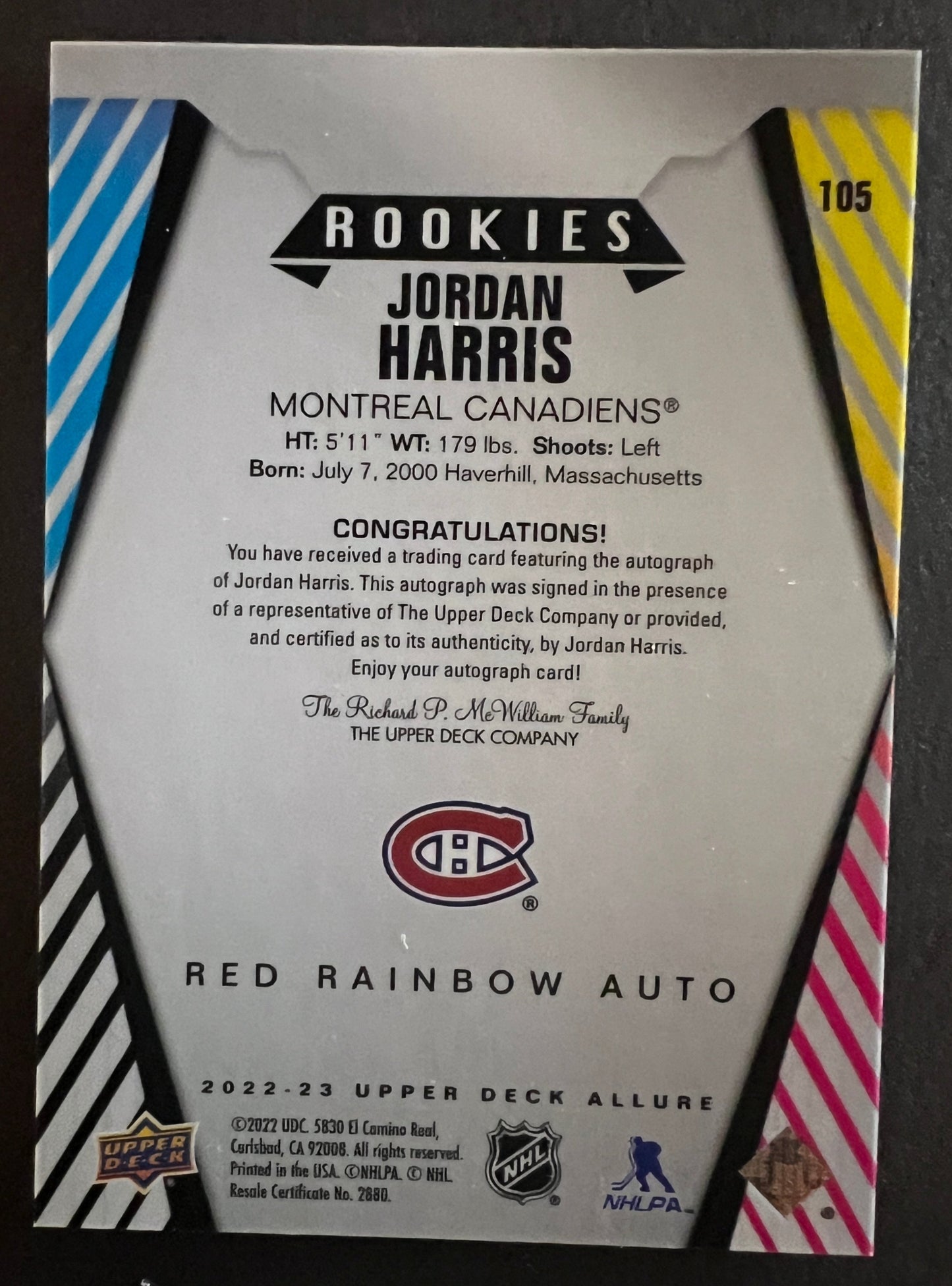 Jordan Harris Rookies Red Rainbow Auto - 2022/23 Allure