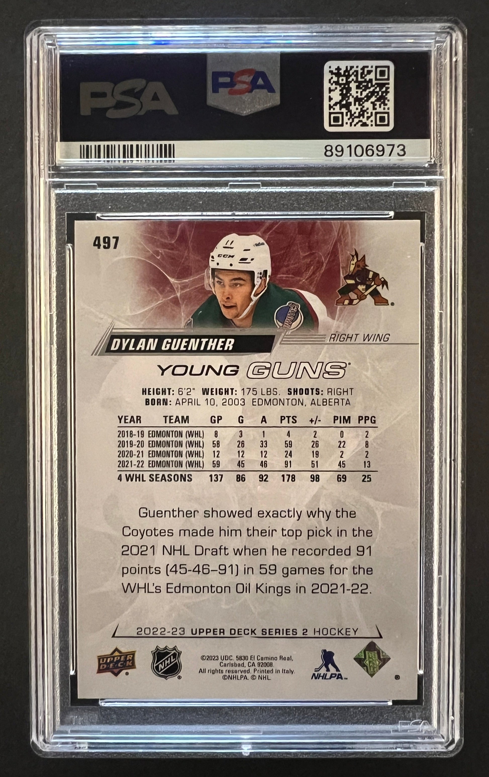 Dylan Guenther Young Guns Rookie #497 - PSA 9 - 2022/23 Series 2