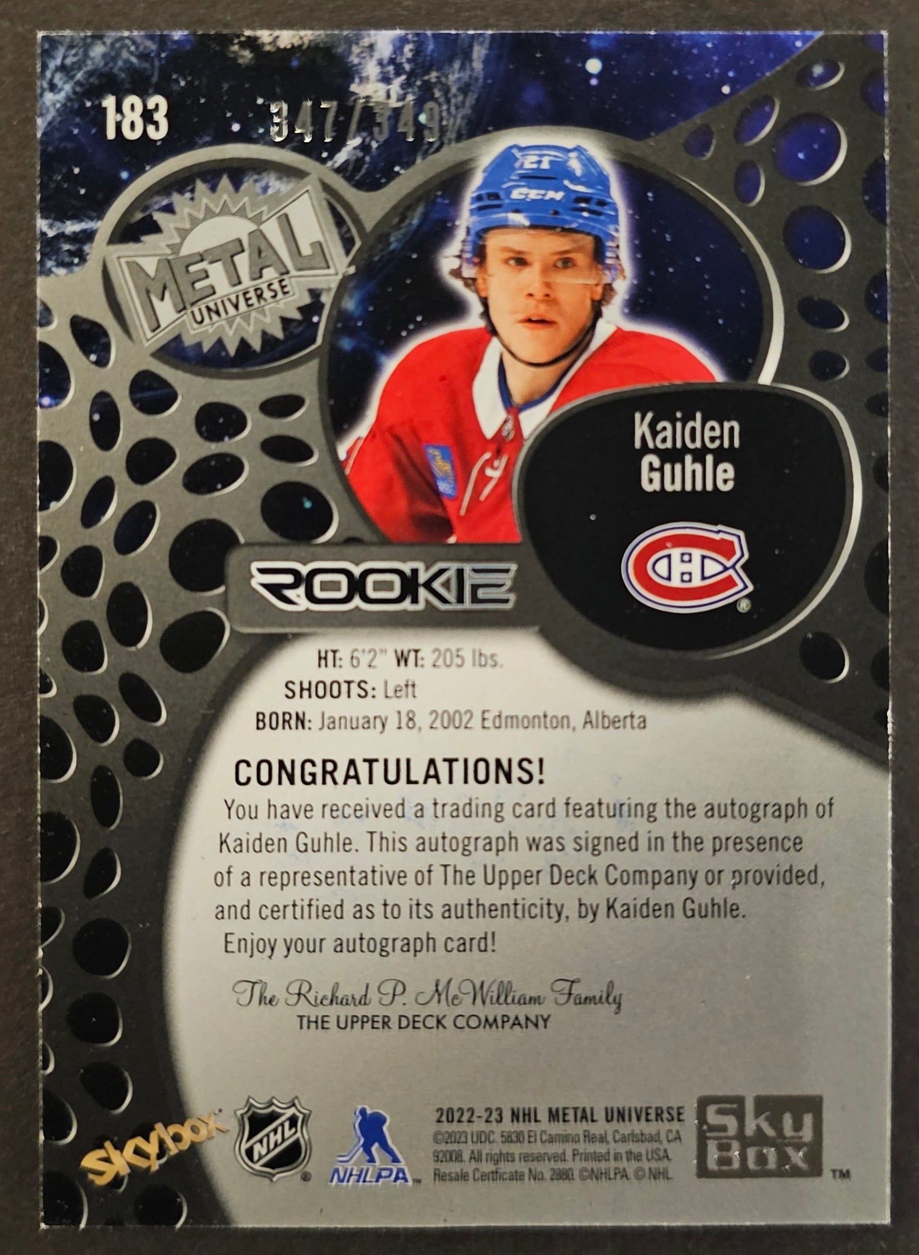 Kaiden Guhle Rookie Auto /349 - 2022/23 Metal Universe