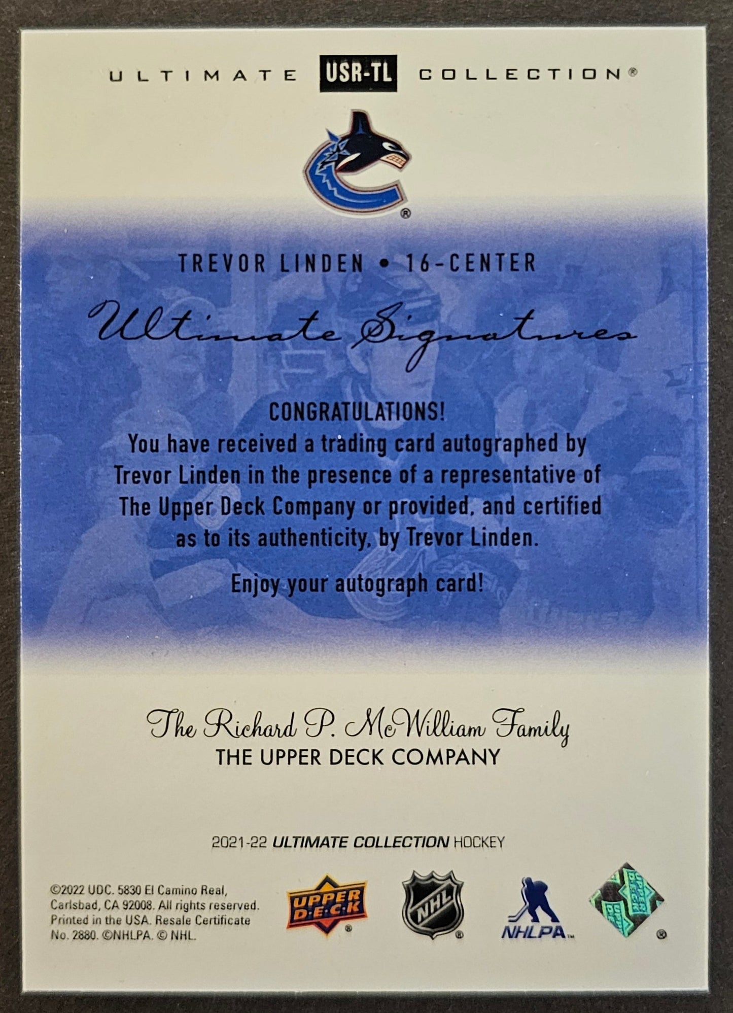 Trevor Linden Ultimate Signatures Auto - 2021/22 Ultimate