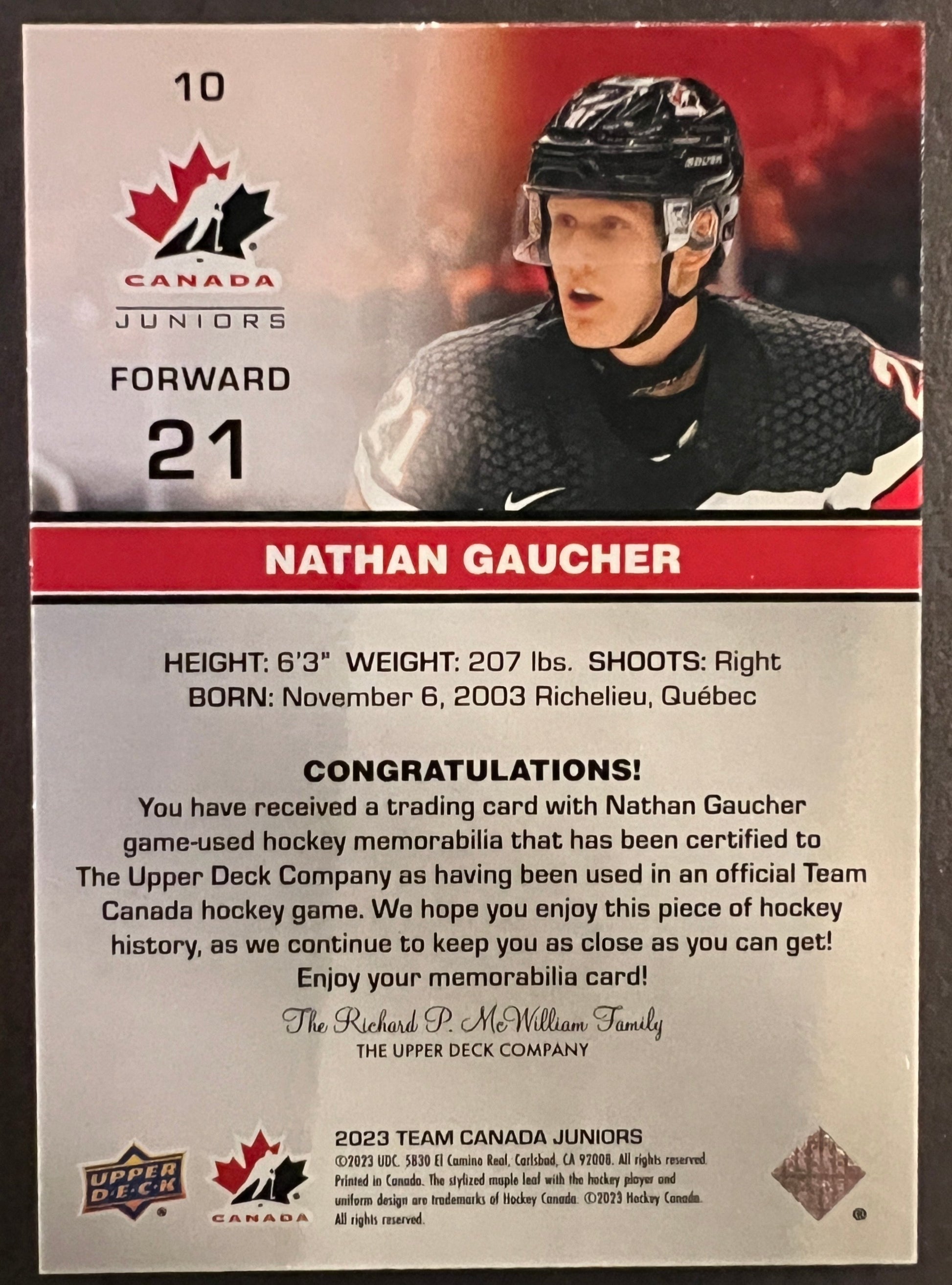 Nathan Gaucher Team Canada Jersey - 2023 Team Canada Juniors