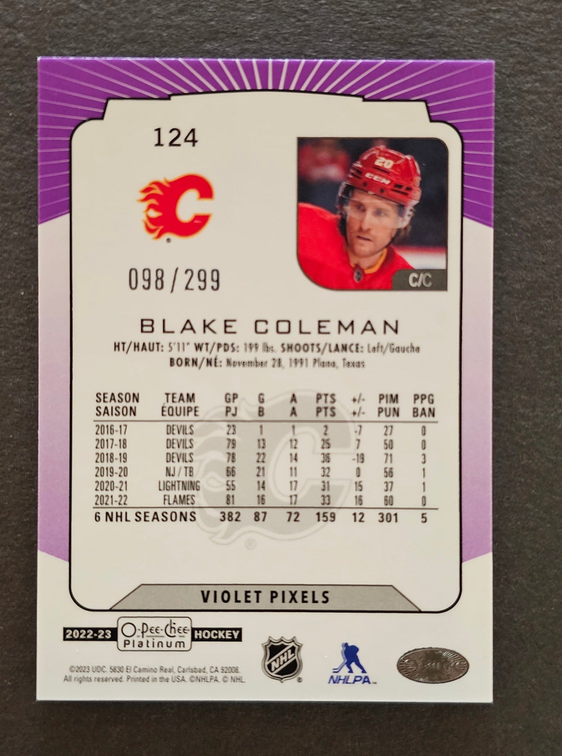 Blake Coleman Violet Pixels /299 - 2022/23 O-Pee-Chee Platinum