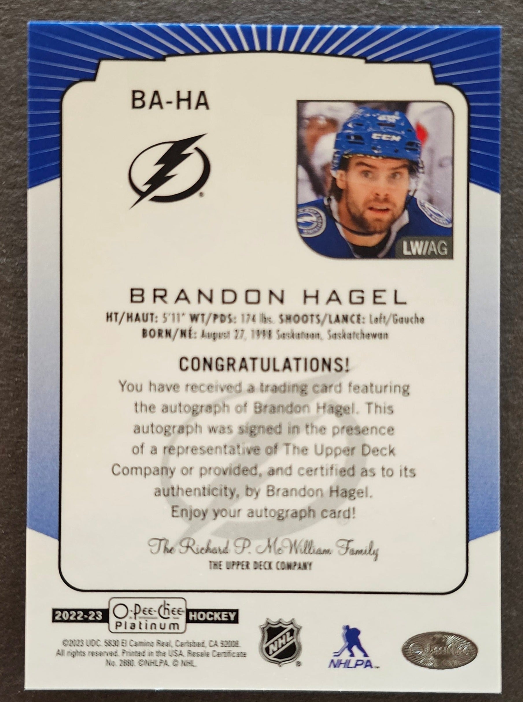 Brandon Hagel Base Auto - 2022/23 O-Pee-Chee Platinum