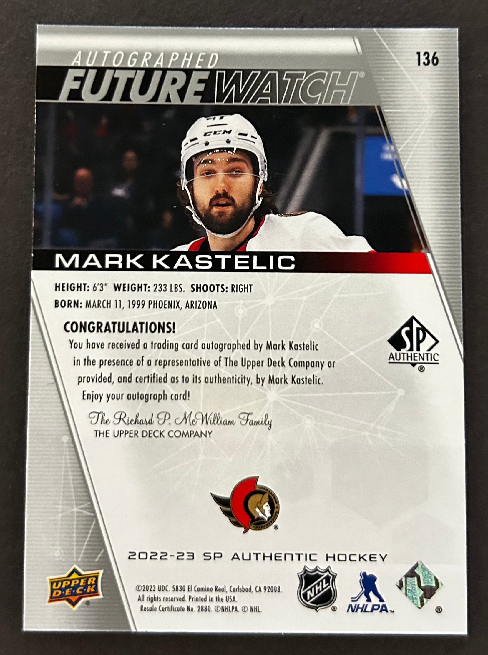 Mark Kastelic Future Watch Auto /999 - 2022/23 SP Authentic 