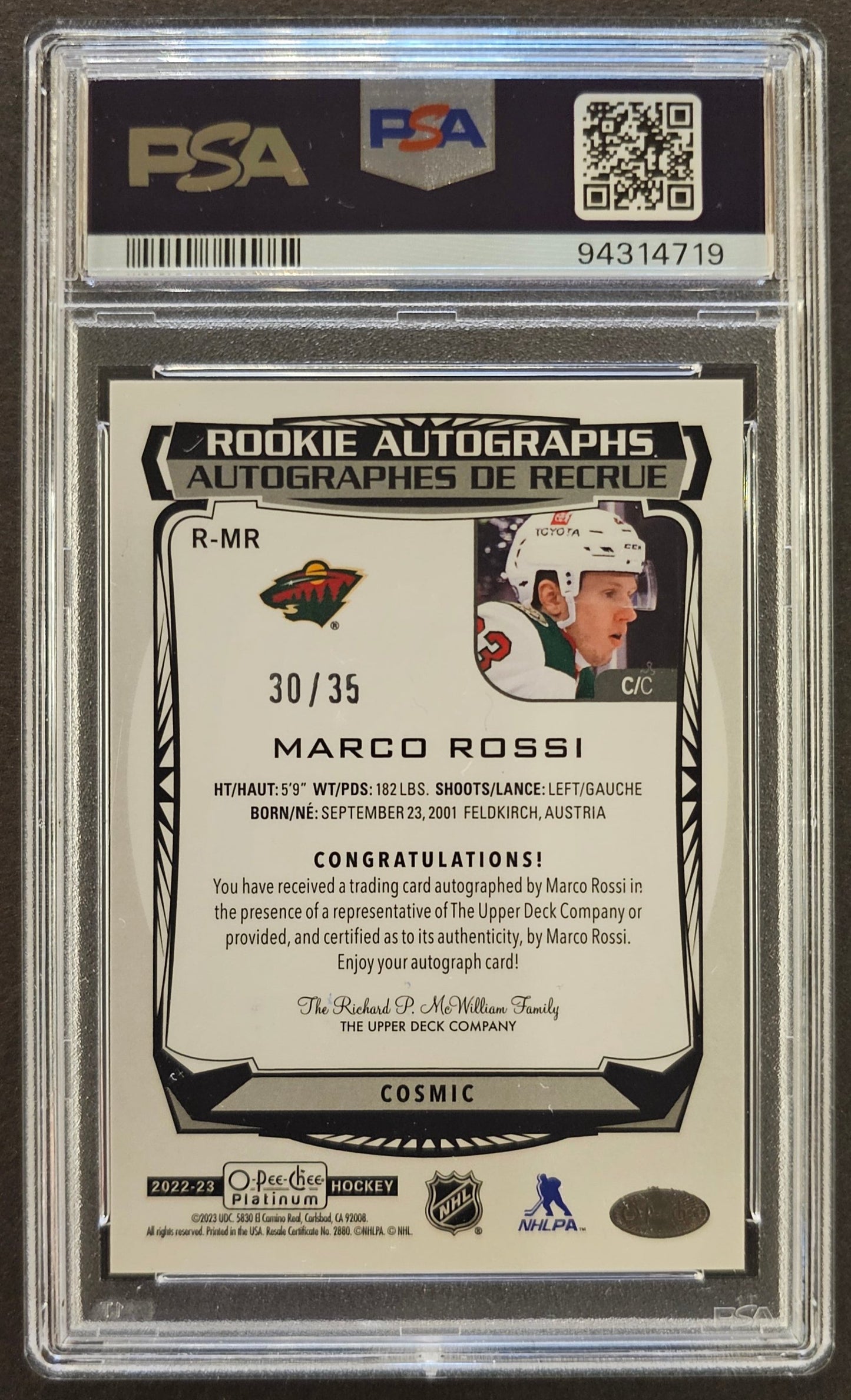 Marco Rossi Rookie Autographs Cosmic /35 - PSA 10 -  2022/23 OPC Platinum 