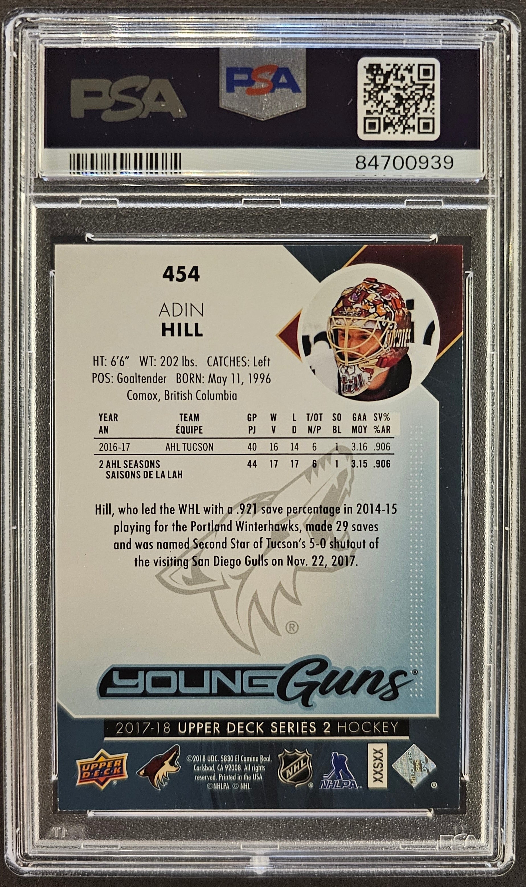 Adin Hill Young Guns #454 Graded PSA 9 - 2017/18 Series 2