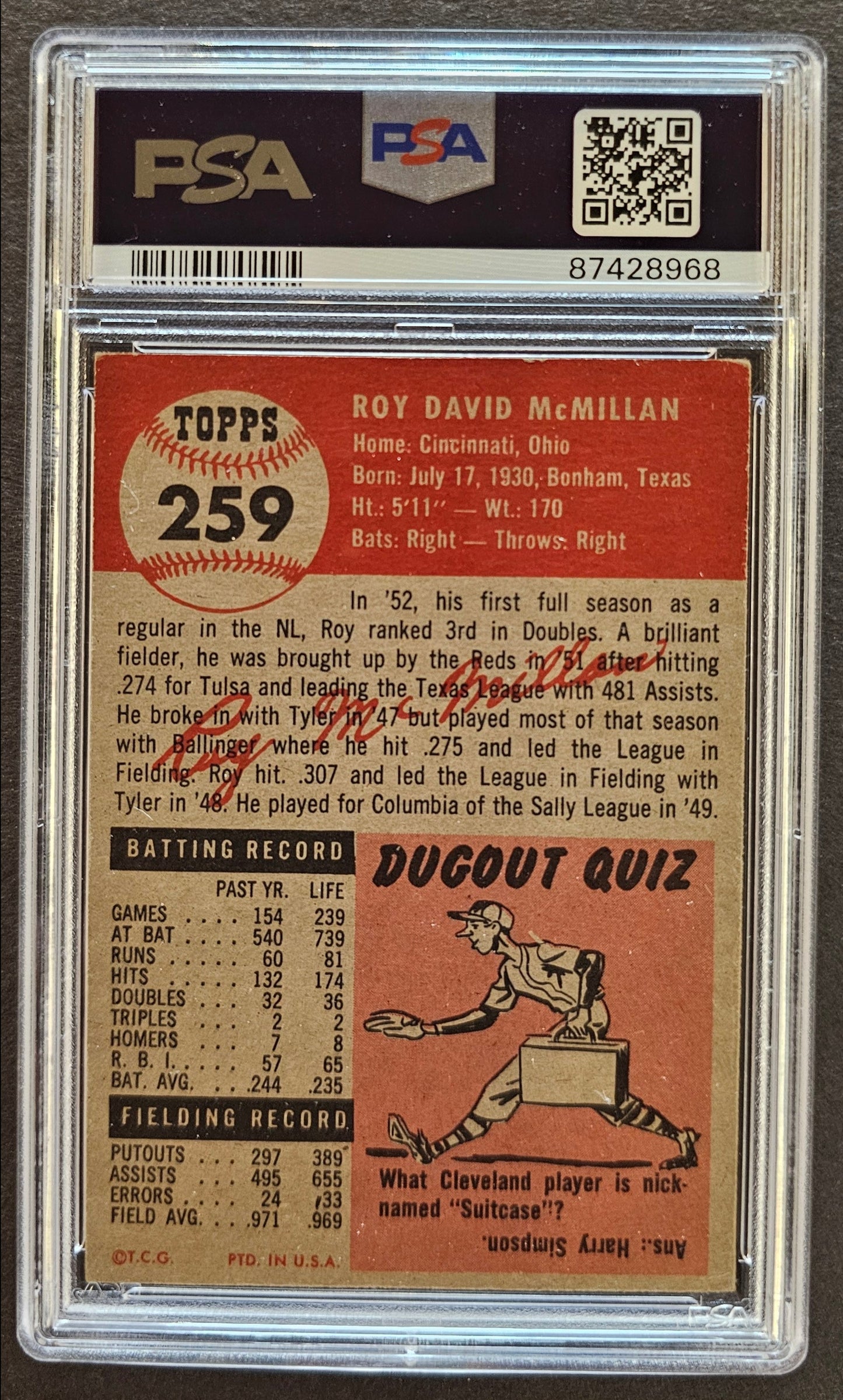 Roy McMillan #259 Reds Graded PSA 5 - 1953 Topps