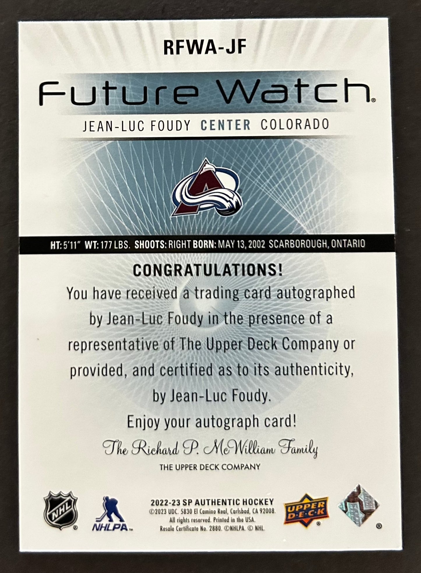 Jean-Luc Foudy Future Watch Auto /699 - 2022/23 SP Authentic