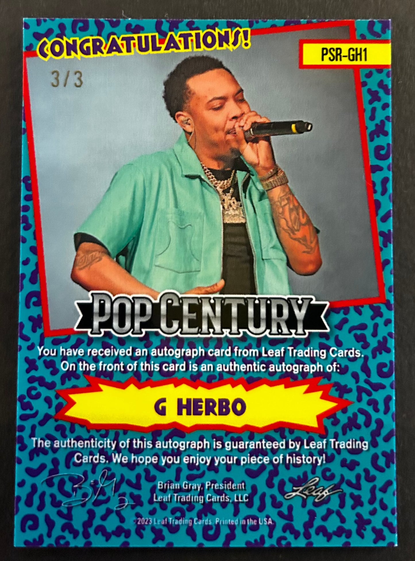 G Herbo Pro Set Raps Auto /3 Green - 2023 Leaf Pop Century