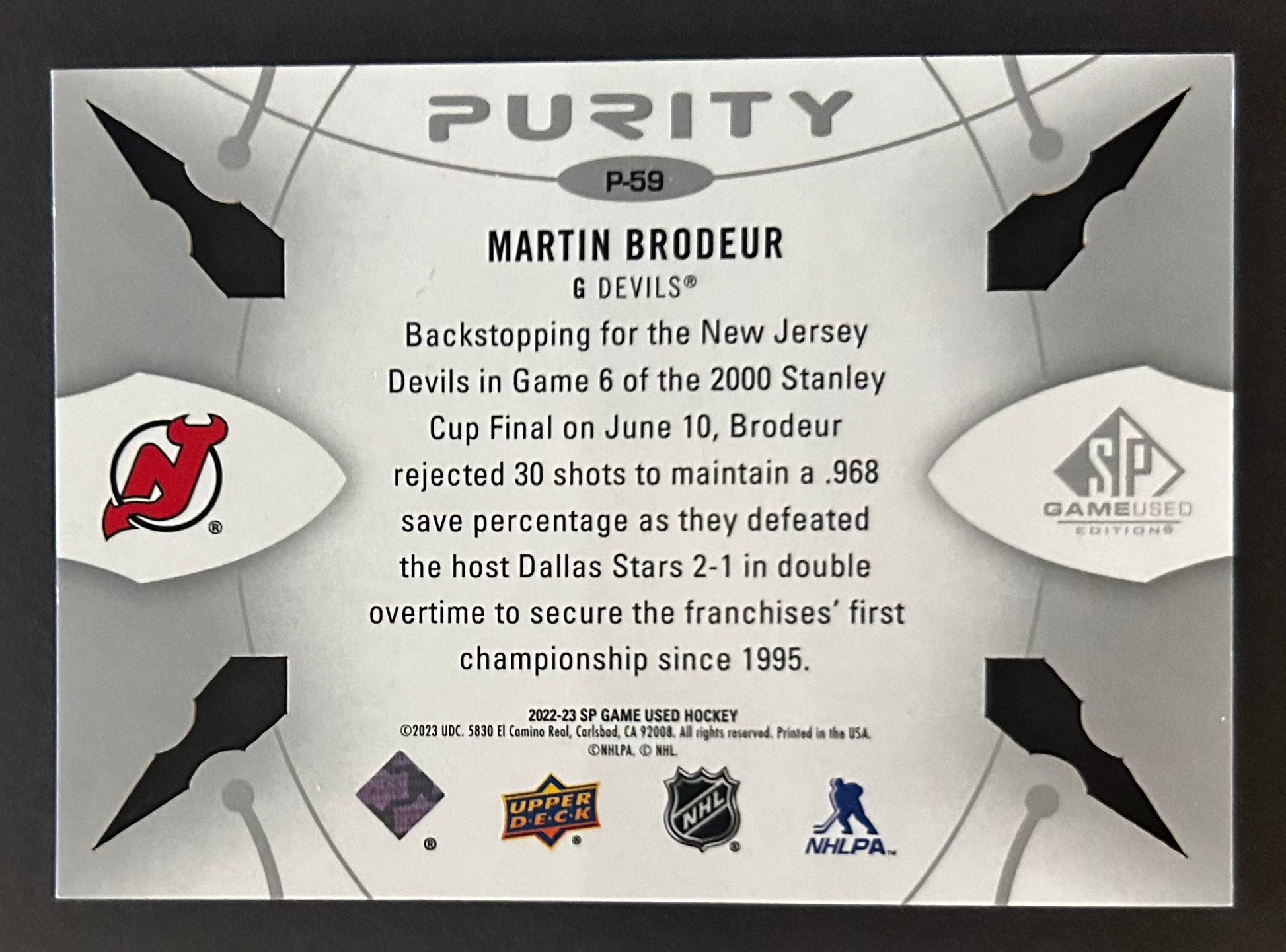 Martin Brodeur Purity - 2022/23 SP Game Used