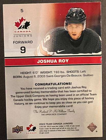 Joshua Roy Team Canada Jersey - 2023 Team Canada Juniors