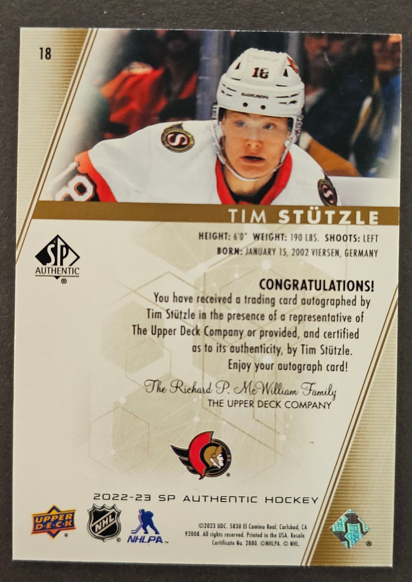 Tim Stutzle Limited Auto - 2022/23 SP Authentic