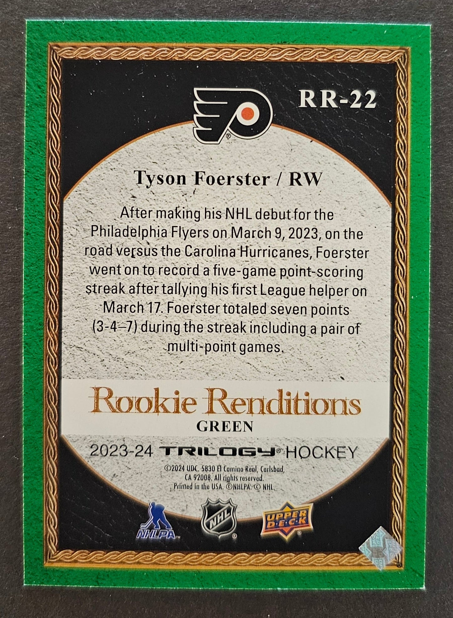 Tyson Foester Rookie Renditions Green /99 - 2023/24 Trilogy