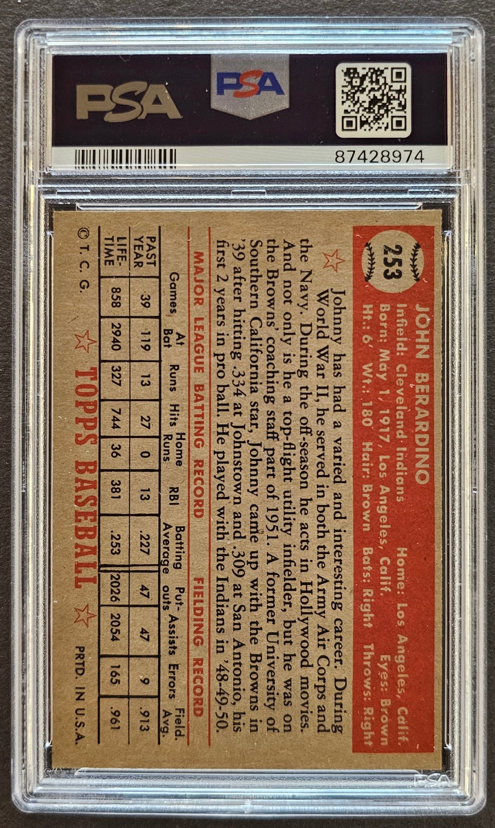 Johnny Berardino #253 Graded PSA 7 - 1952 Topps