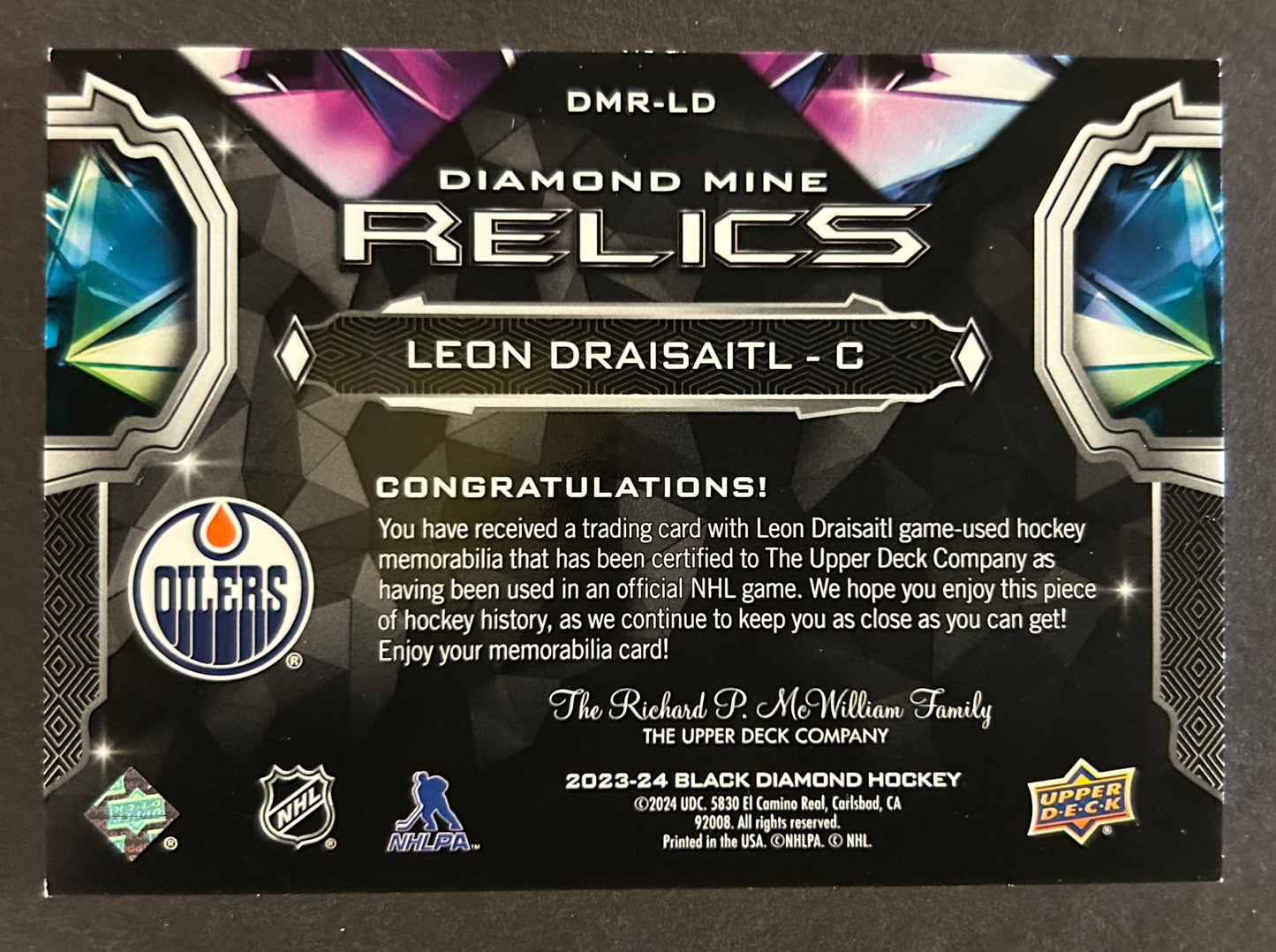 Leon Draisaitl Diamond Mine Relics Jersey - 2023/24 Black Diamond