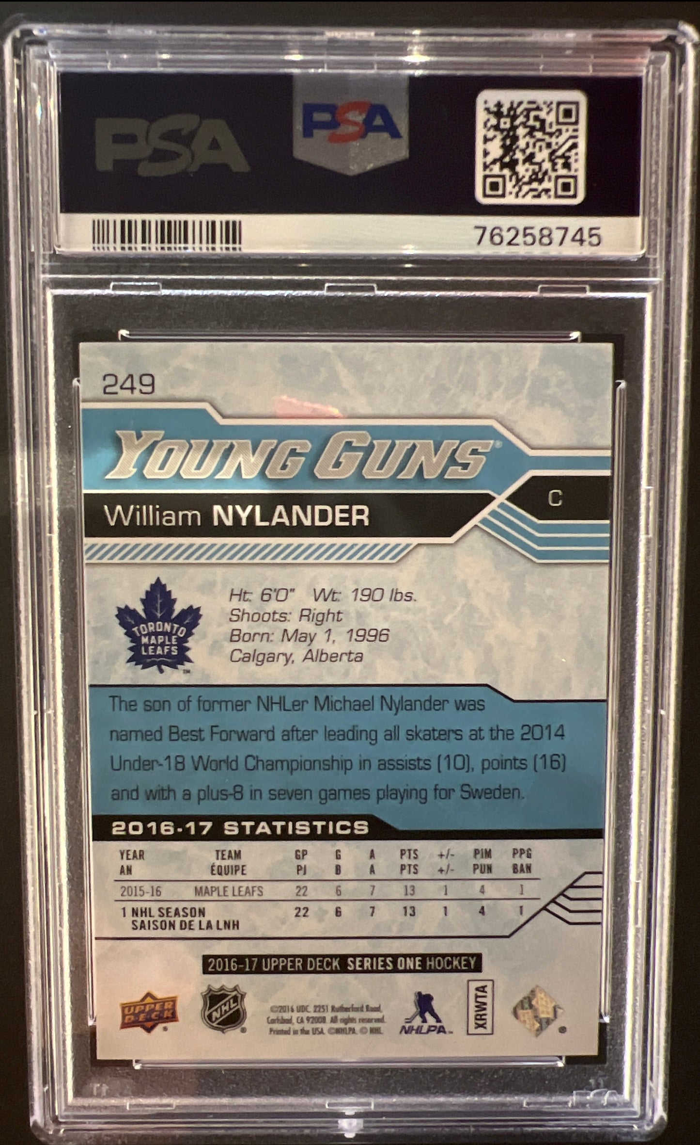William Nylander Young Guns (Rookie) #249 Graded PSA 9 - 2016/17 Series 1