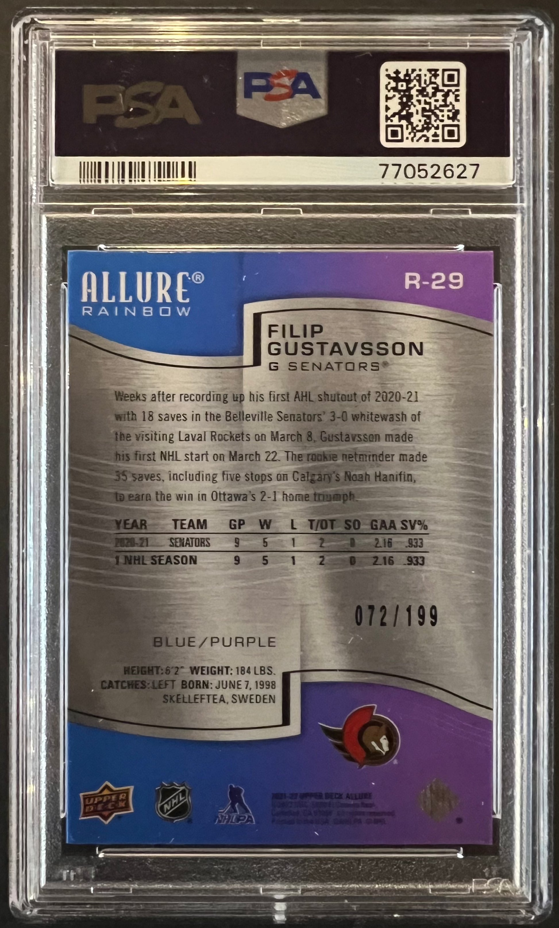 Filip Gustavsson Rainbow-Blue/Purple /199 Graded PSA 10 - 2021/2022 Allure