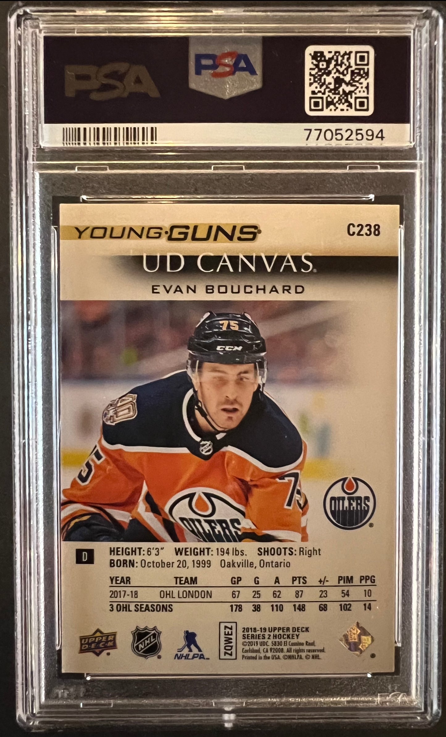 Evan Bouchard Young Guns Canvas (Rookie) #C238 Graded PSA 10 - 2018/19 Series 2