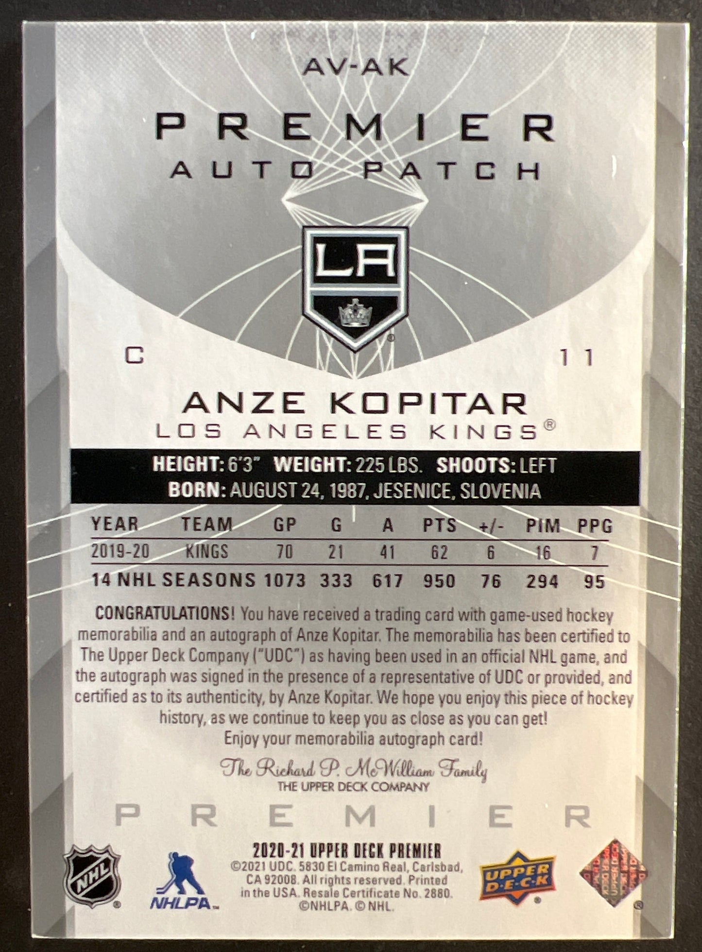 Anze Kopitar Premier Auto Patch /25 - 2021/22 Premier Hockey