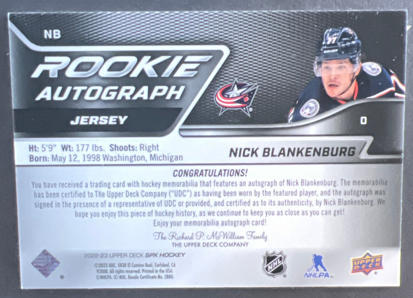 Nick Blackenburg Rookie Autograph Jersey /375 - 2022/23 SPX