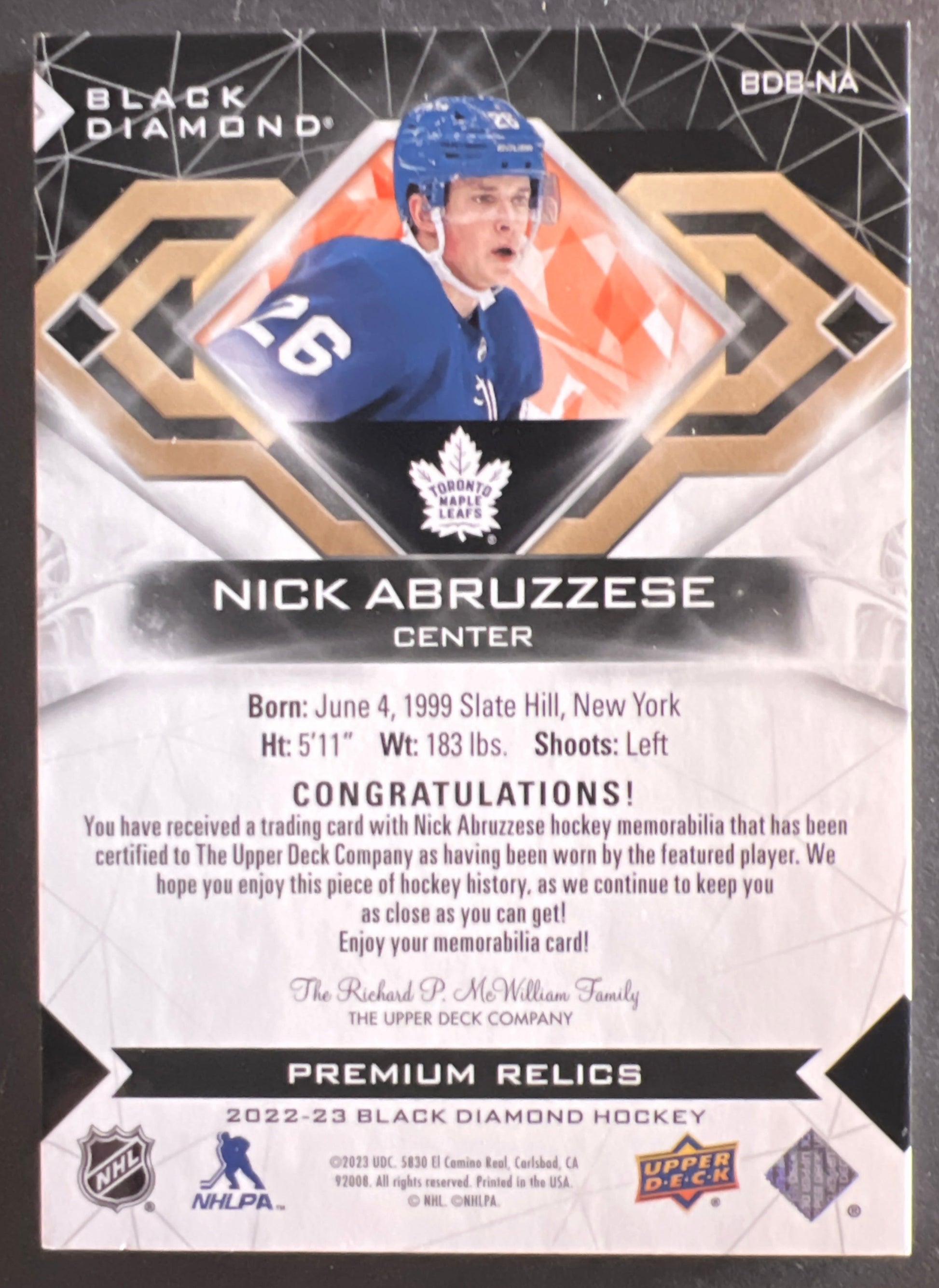 Nick Abruzzese Premium Relics Patch /25 - 2022/23 Black Diamond