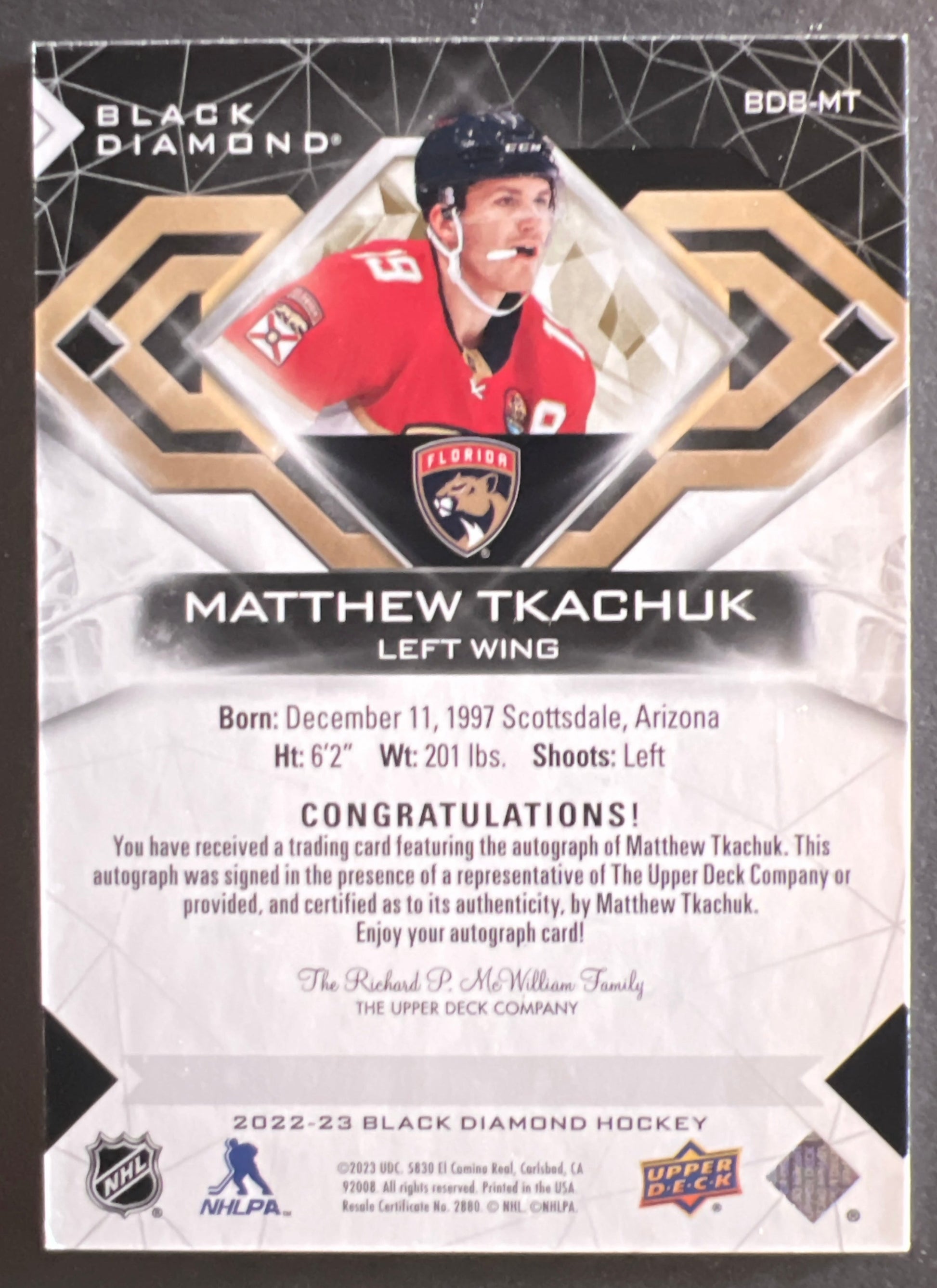 Matthew Tkachuk Black Diamond Auto /25- 2022/23 Black Diamond