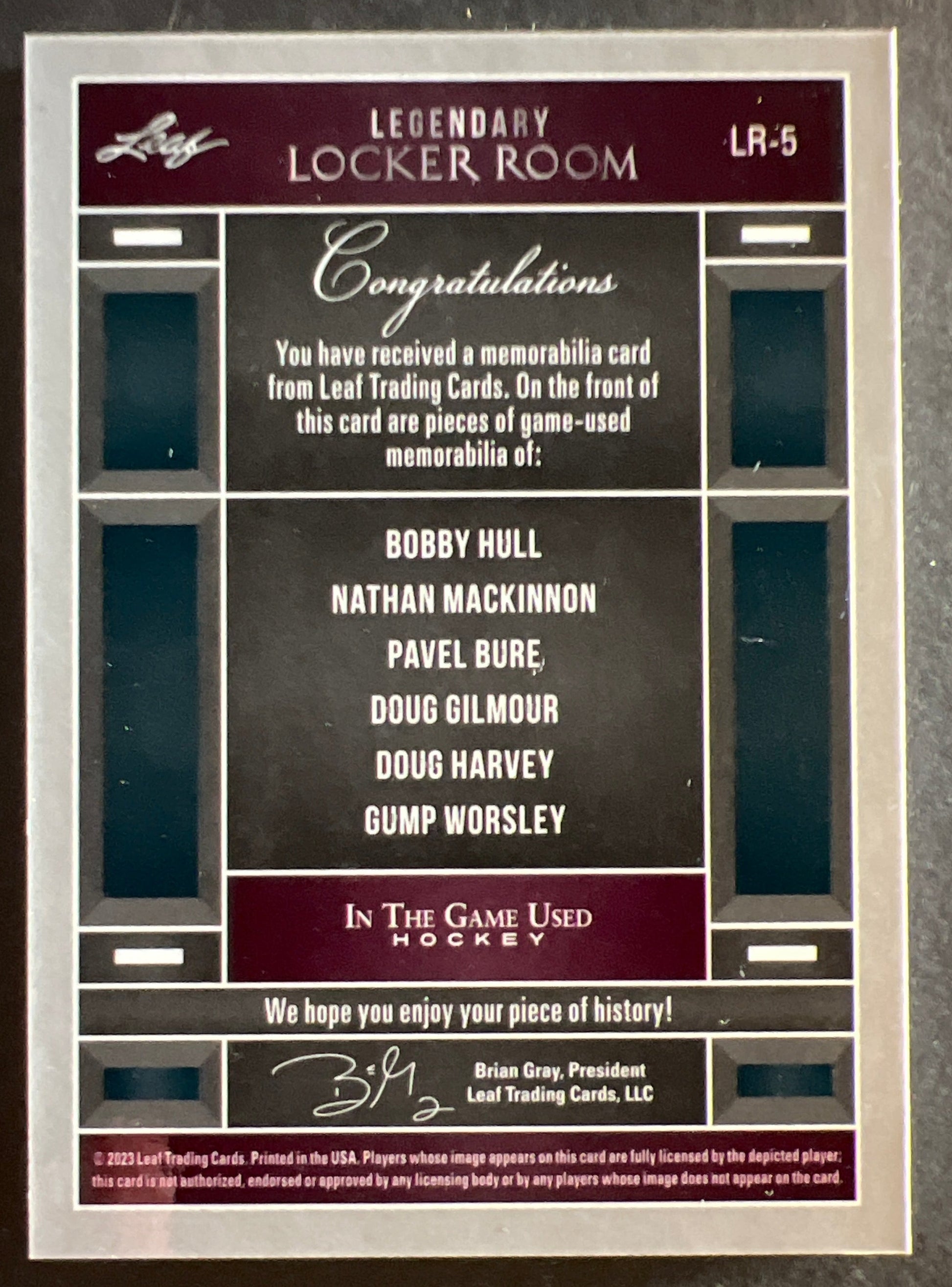 Hull/MacKinnon/Bure/Gilmour/Harvey/Worsley - 6 Player Legendary Locker Room /15 - 2023 Leaf In The Game Used