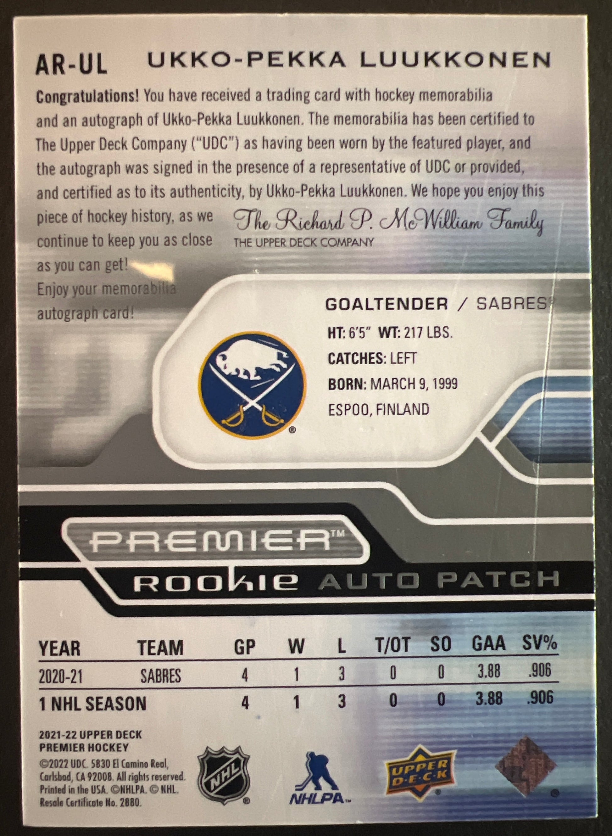 Ukka-Pekka Luukkonen Premier Rookie Auto Patch /249 - 2021/22 Premier