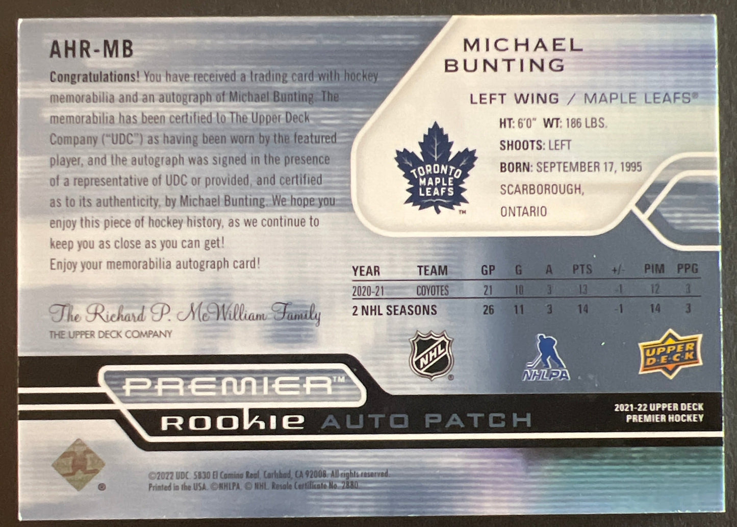 Michael Bunting Premier Rookie Auto Patch 1 of 1 - 2021/22 Premier Hockey